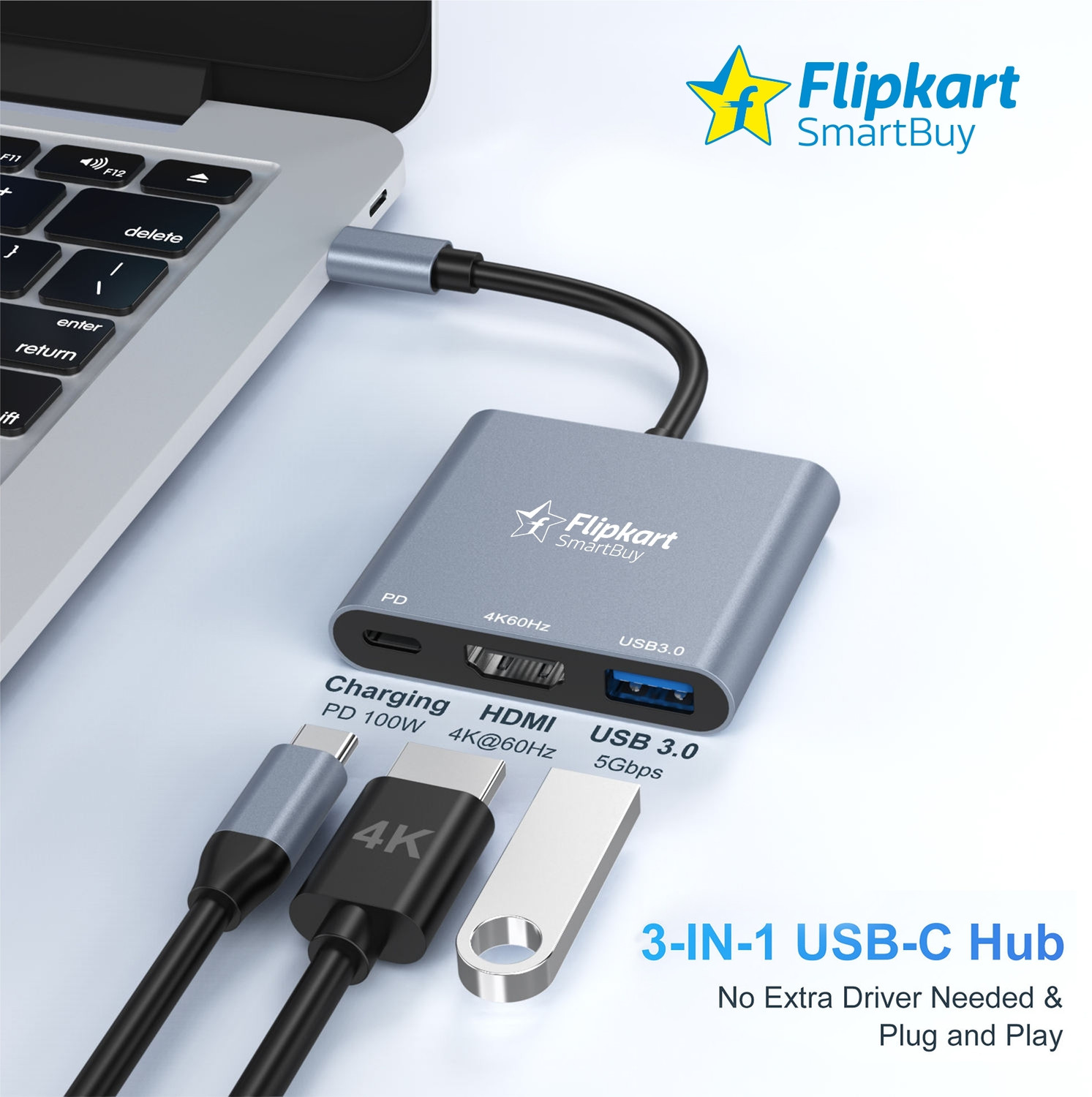 Image of Flipkart SmartBuy 3-in-1 Type-C Hub HDMI 4K PD 100W USB 3.0 Aluminium FKSB-3HUP HDMI ADAPTOR