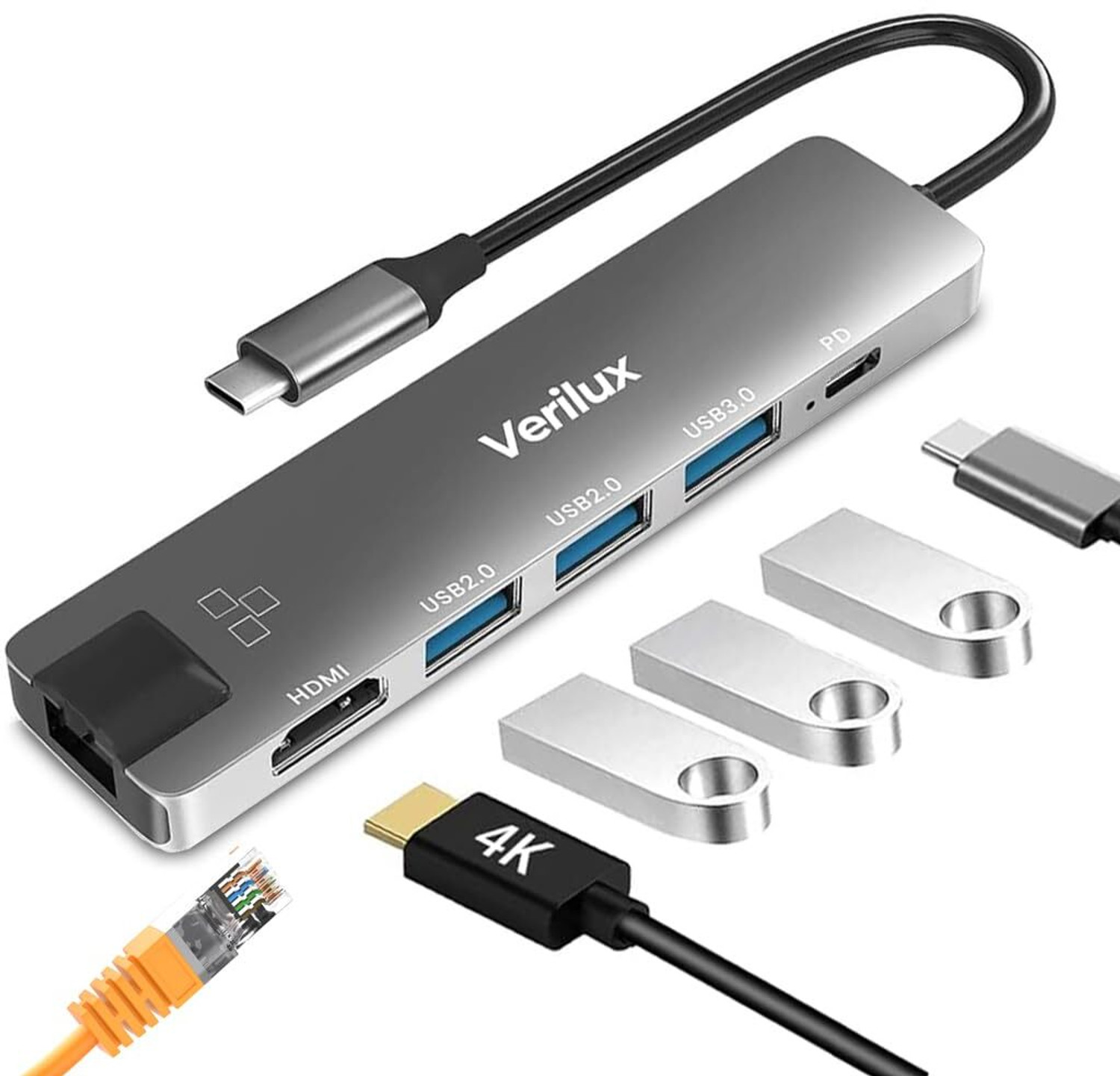 Image of Verilux USB C Hub 6 in 1 Type C Adapter with HDMI Ethernet and PD Charging Port USB C Hub with HDMI and Ethernet USB Hub