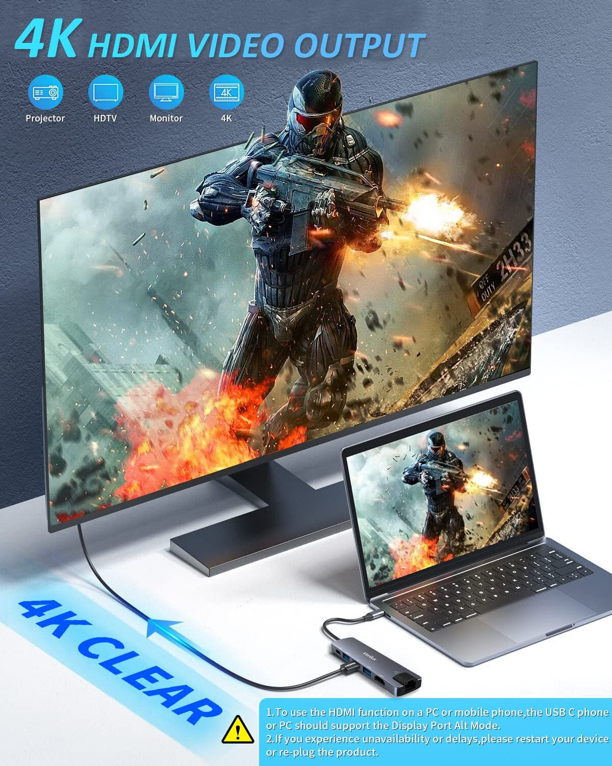 Image of Verilux USB C Hub 6 in 1 Type C Adapter with HDMI Ethernet and PD Charging Port USB C Hub with HDMI and Ethernet USB Hub