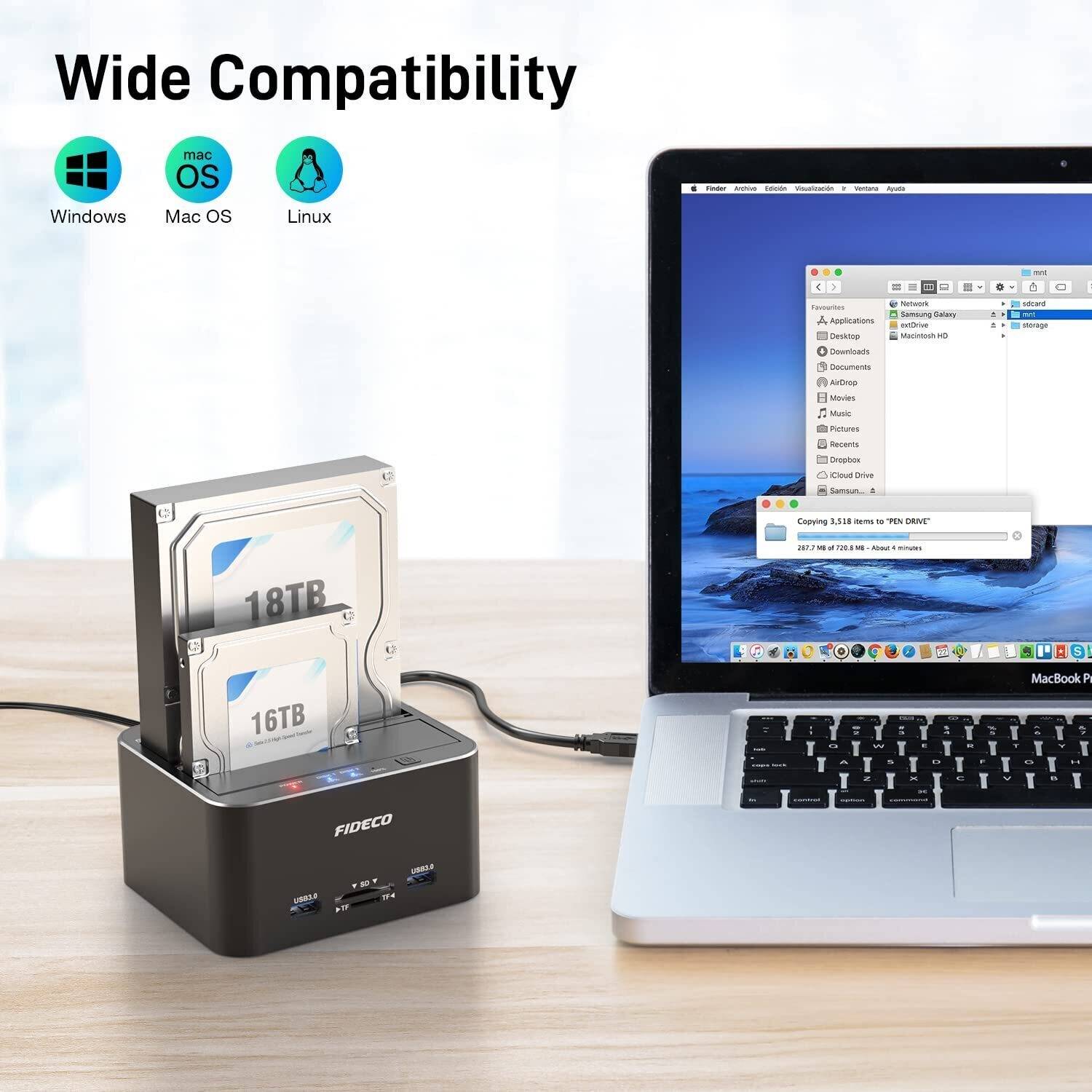 FIDECO Hard Drive Docking Station, USB 3.2 Gen 1 Hard Drive Adapter for 2.5 and 3.5 inch SATA HDD or SSD, Docking Station for Hard Drives with Type-C port, Support Offline Clone