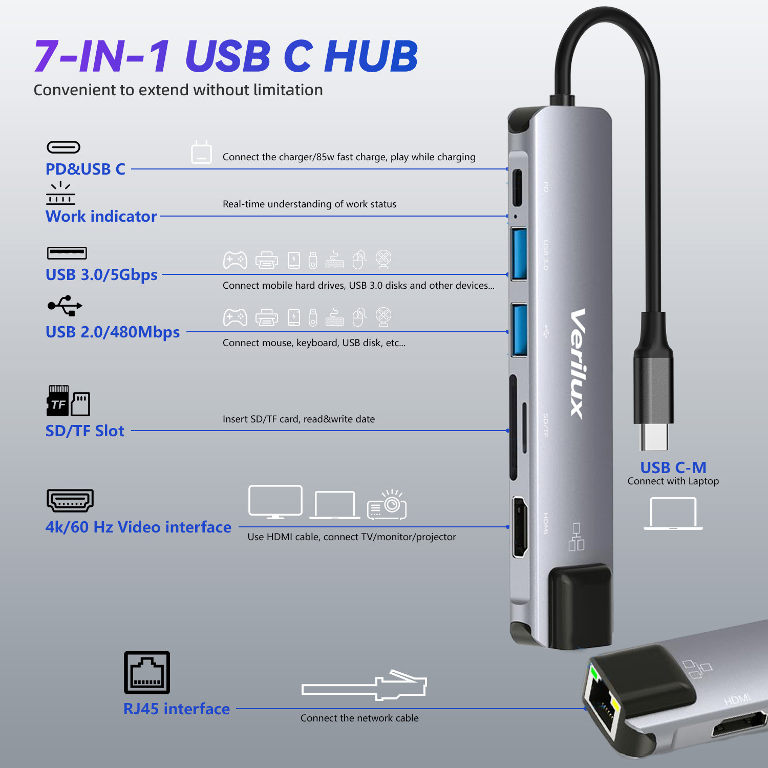 Image of Verilux Verilux 7-In-1 USB C Hub USB 3.0,USB 2.0 USB C Hub for More Type-C Enabled Device USB Hub