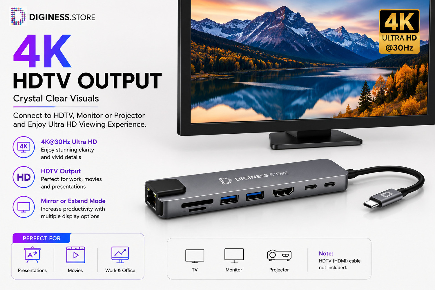 Image of DIGINESS Ultimate Dock Super Fast Connectivity Multi-port Type-C Hub 8 in 1 with Ethernet, USB 3.0, PD, SD Card connector