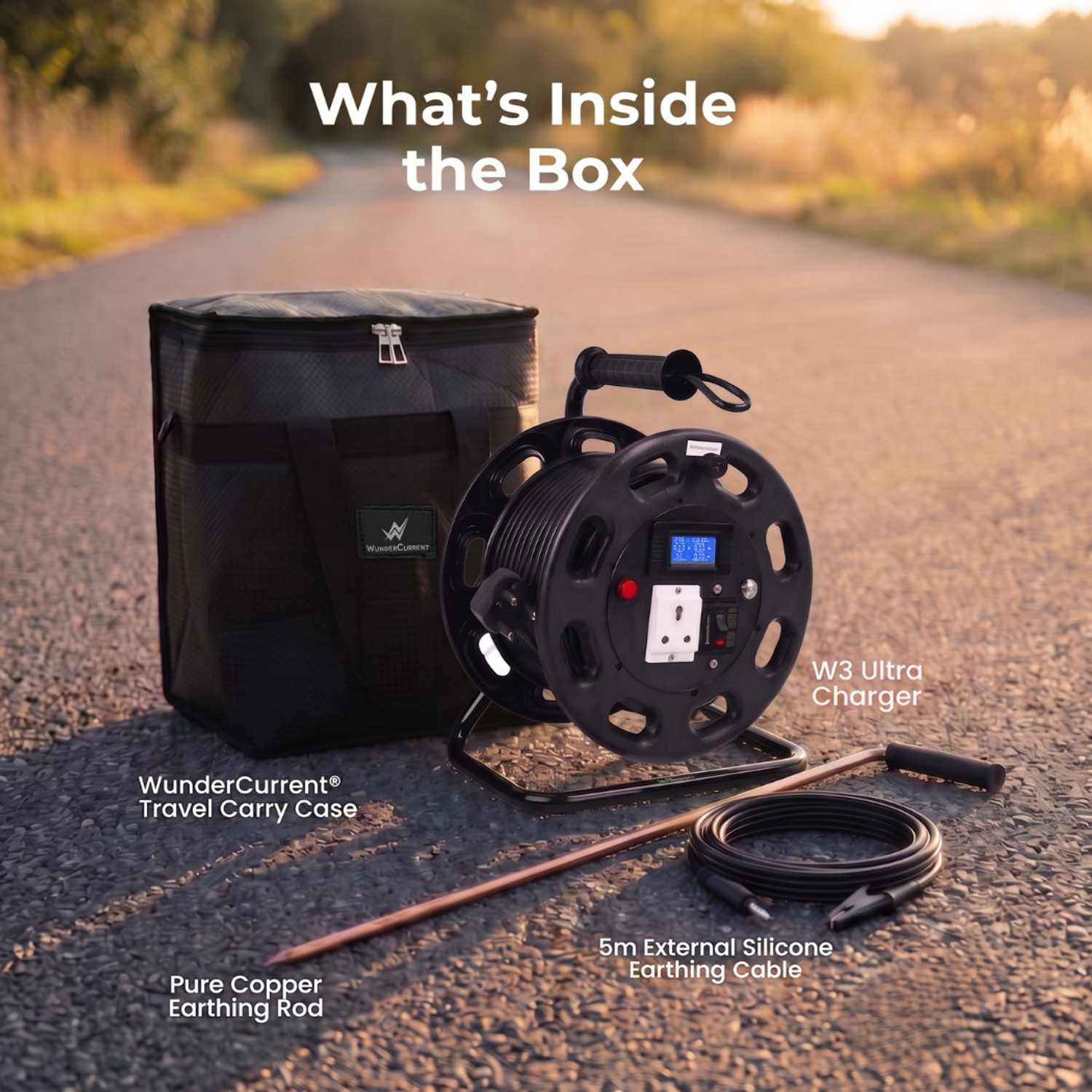 Image of WunderCurrent W3 Ultra EV Charger with 20 Metres of 4 Sq Mm 3-Core Cable. Ultra Black Charger RCBO Protection (Black)
