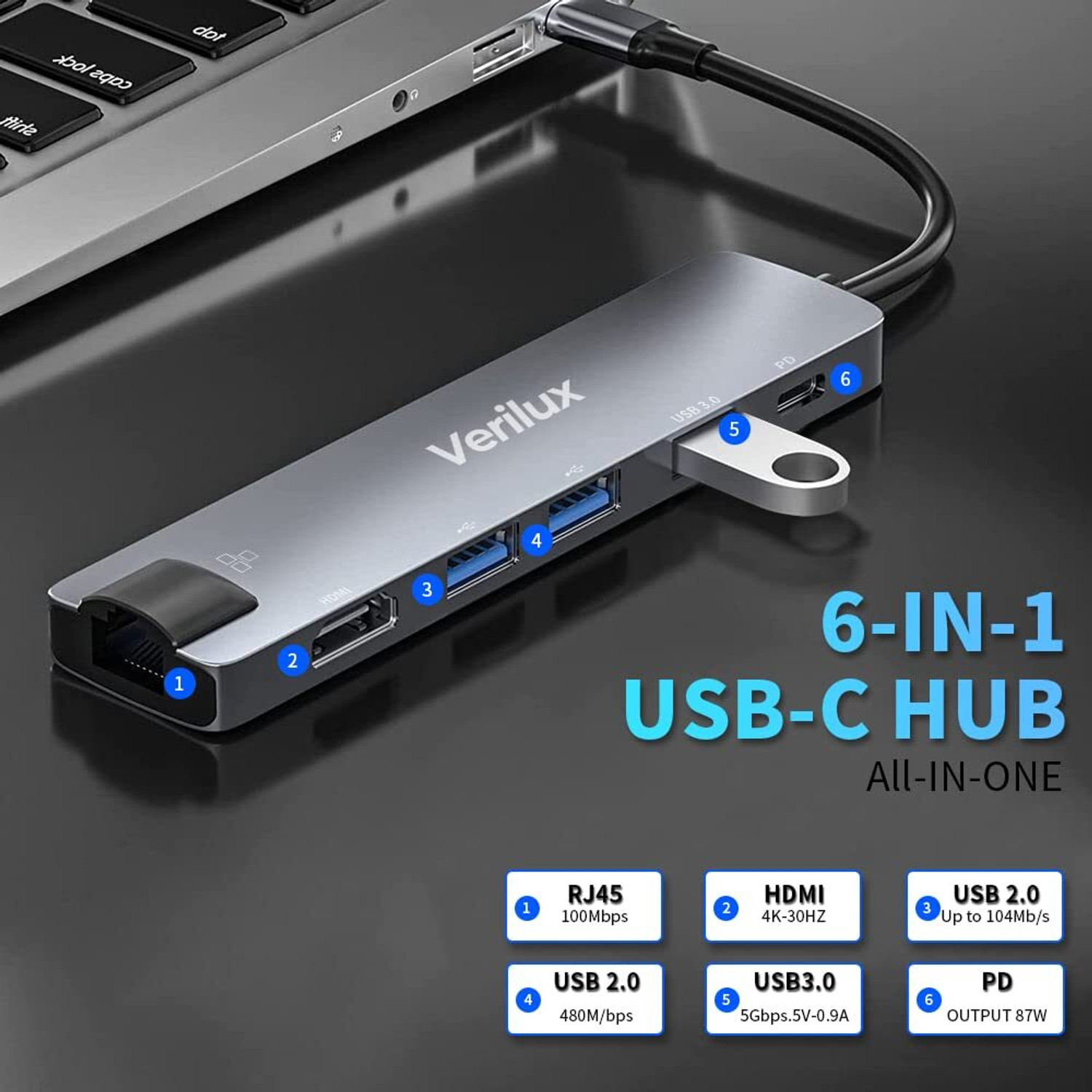 Image of Verilux USB C Hub 6 in 1 Type C Adapter with HDMI Ethernet and PD Charging Port USB C Hub with HDMI and Ethernet USB Hub