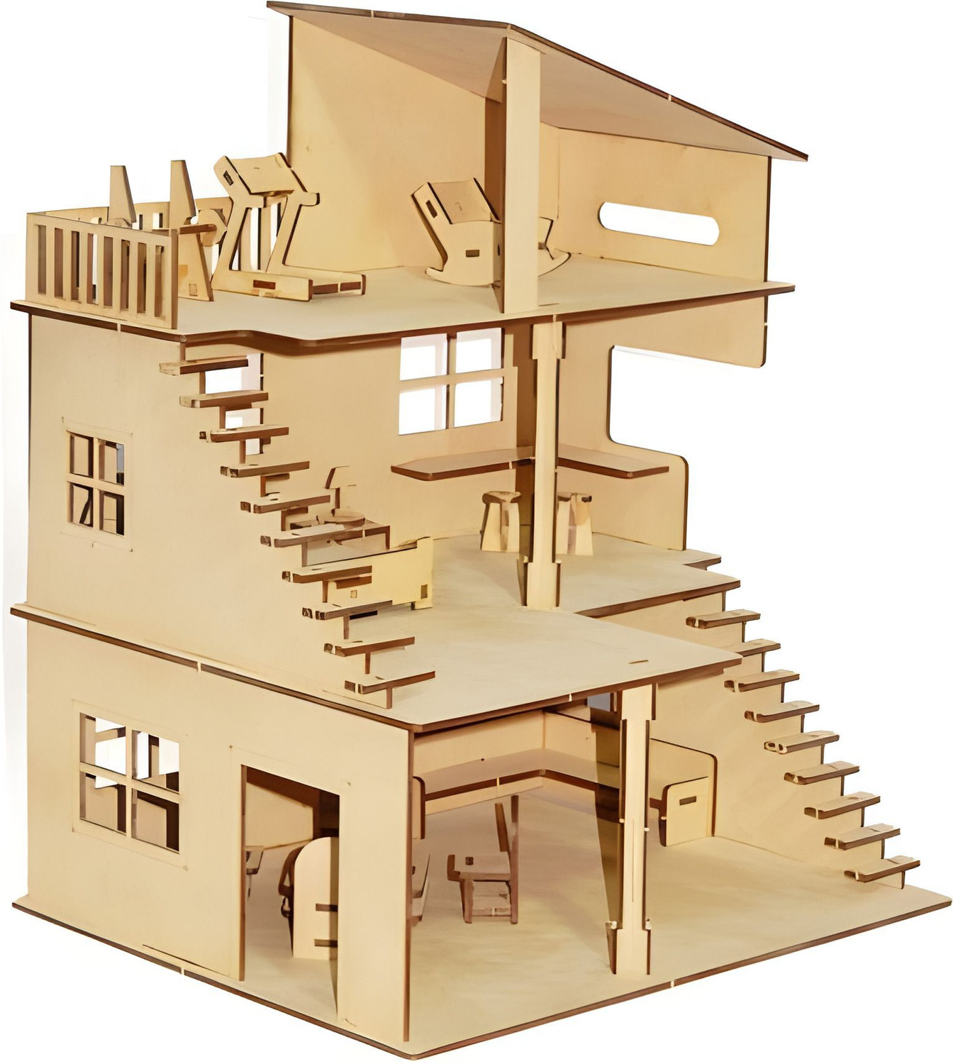 Image of poksi DIY Wooden Dollhouse Kit MDF Model House for Kids with Furniture Set