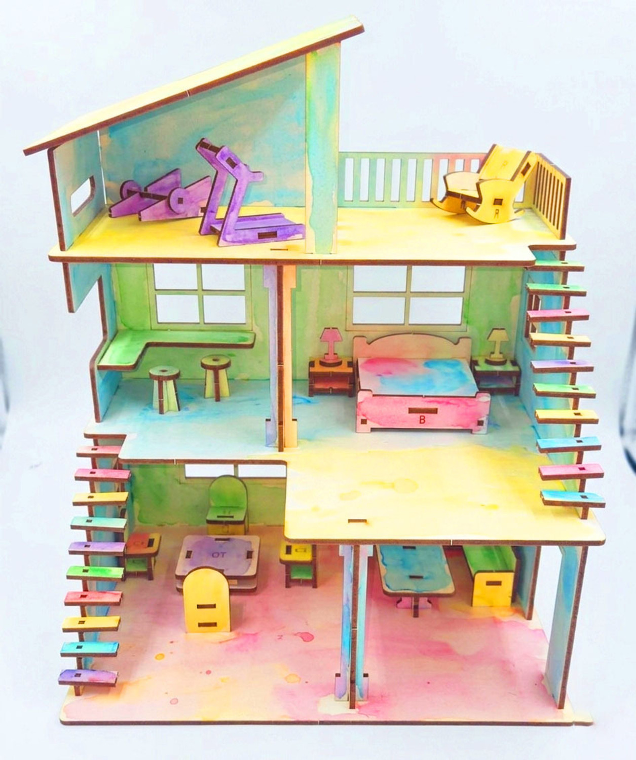 Image of poksi DIY Wooden Dollhouse Kit MDF Model House for Kids with Furniture Set