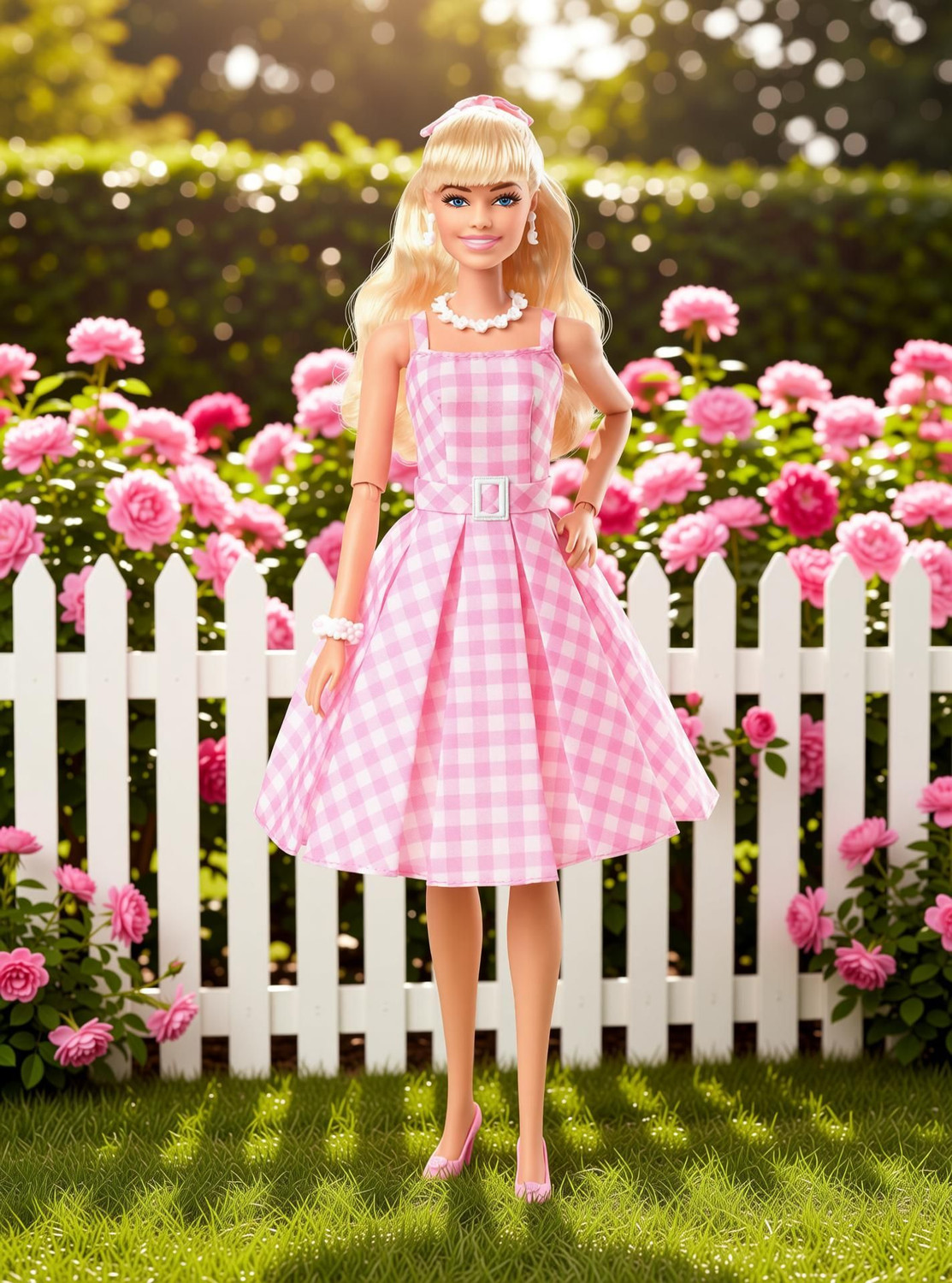 Image of BARBIE The Movie Doll Wearing Pink and White Gingham Dress with Daisy Chain Necklace (Multicolor)