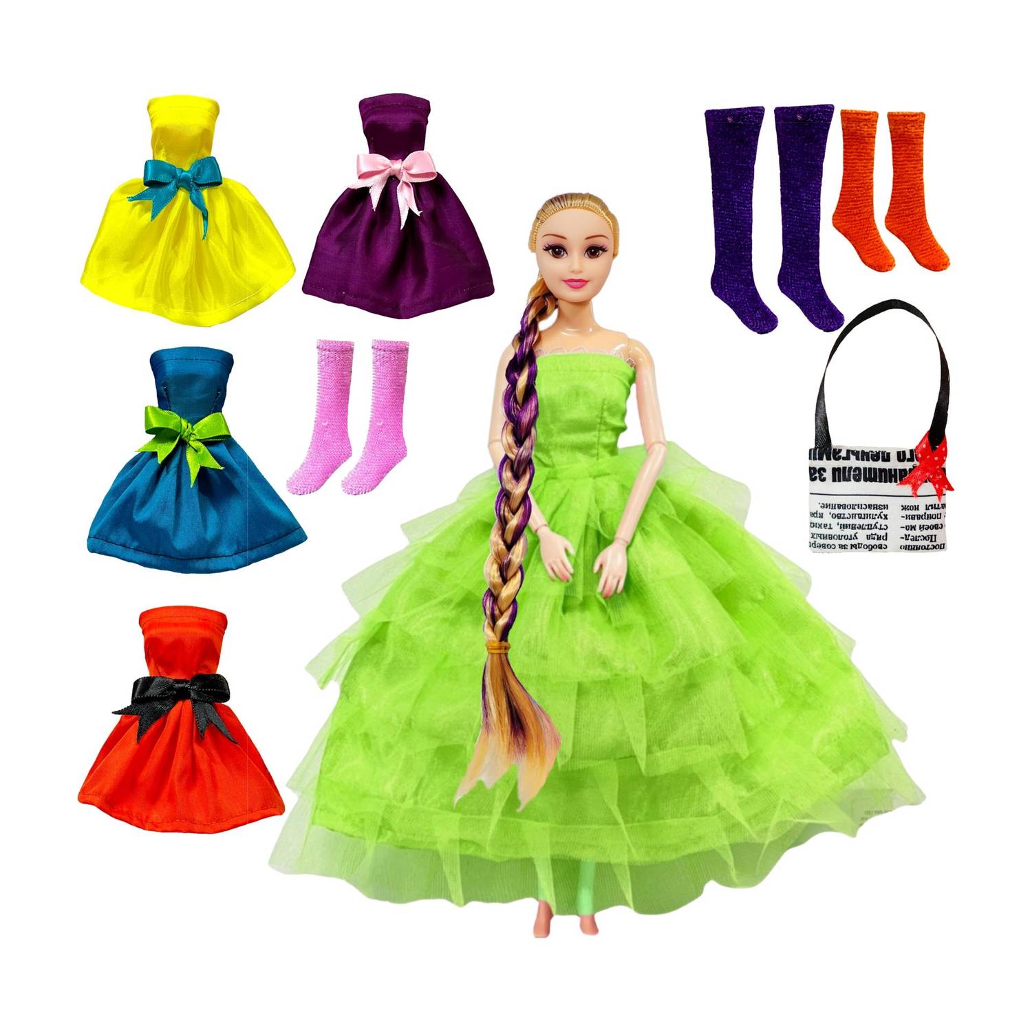BABRO Long Hair Doll with Green Frock, 4 Doll Dresses, 3 Pair Doll Socks & 1 Bag