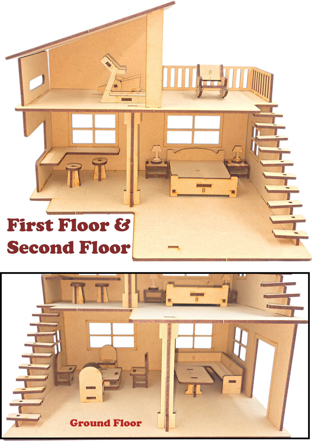 Image of poksi DIY Wooden Dollhouse Kit MDF Model House for Kids with Furniture Set