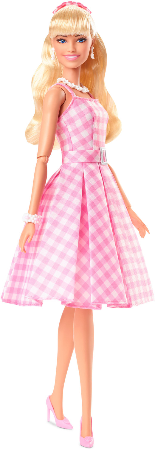 Image of BARBIE The Movie Doll Wearing Pink and White Gingham Dress with Daisy Chain Necklace (Multicolor)