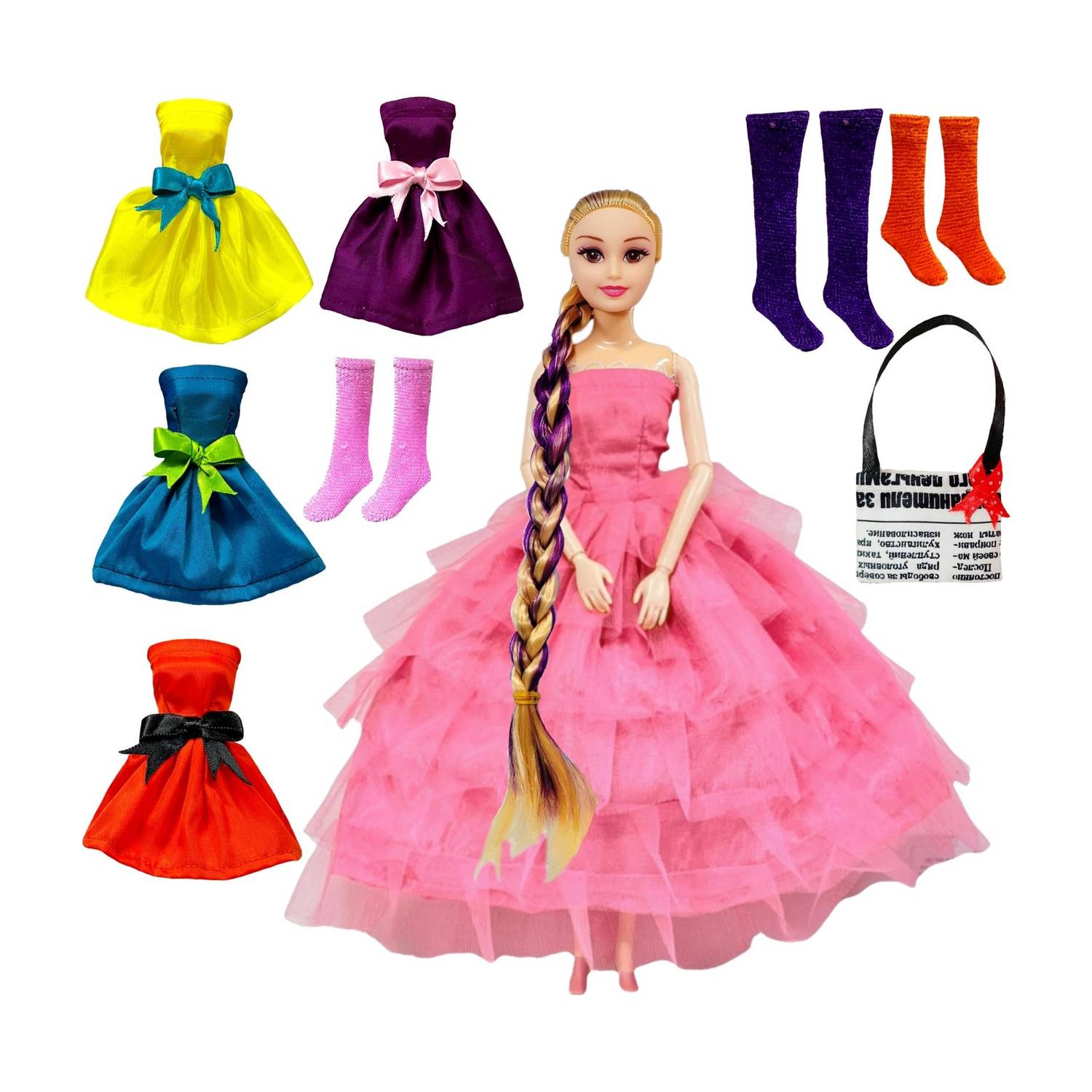 BABRO Long Hair Doll with Rose Golds Frock, 4 Doll Dresses, 3 Pair Doll Socks & 1 Bag