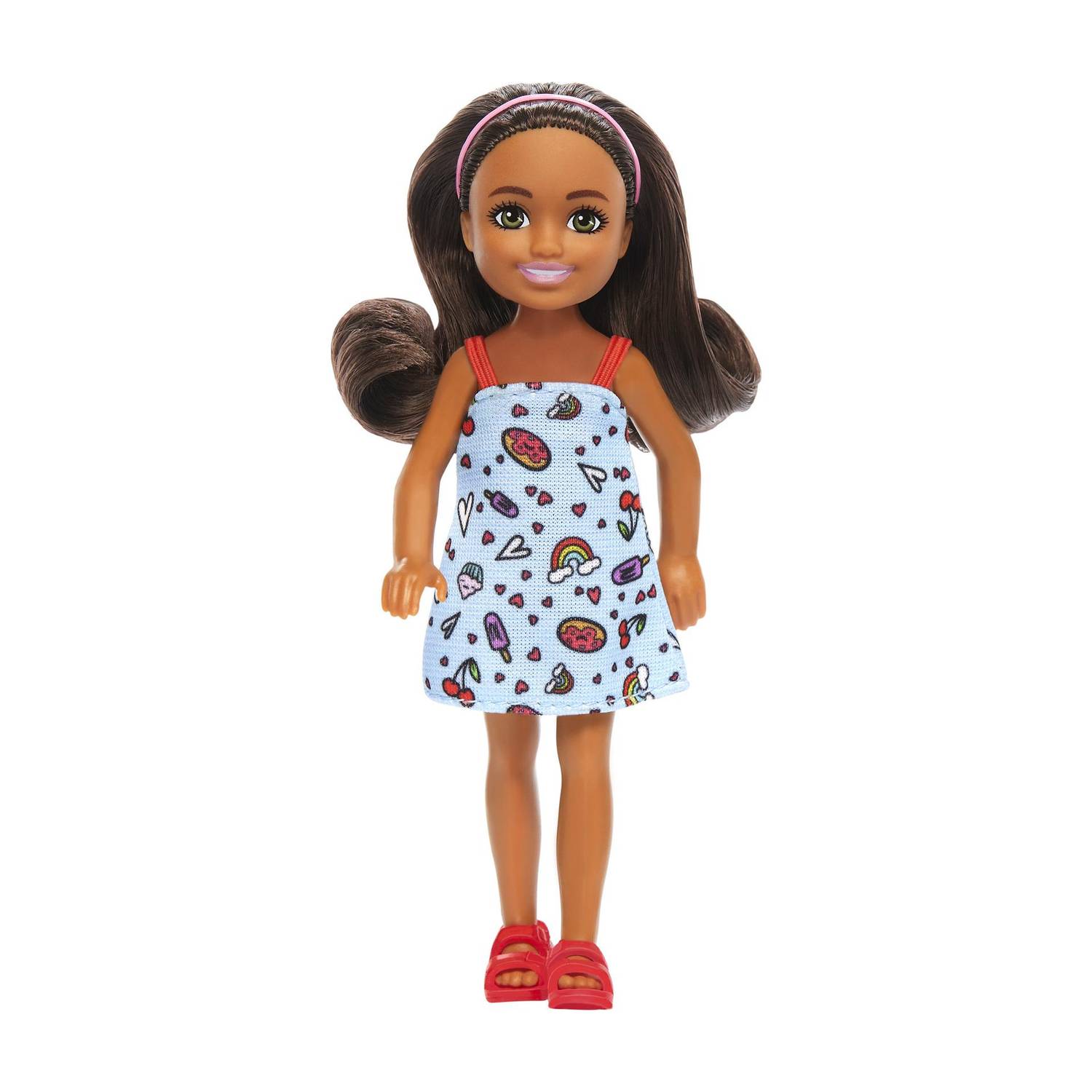 BARBIE Chelsea Doll Small Doll Wearing Removable Blue Dress with Brown Hair &Green Eyes