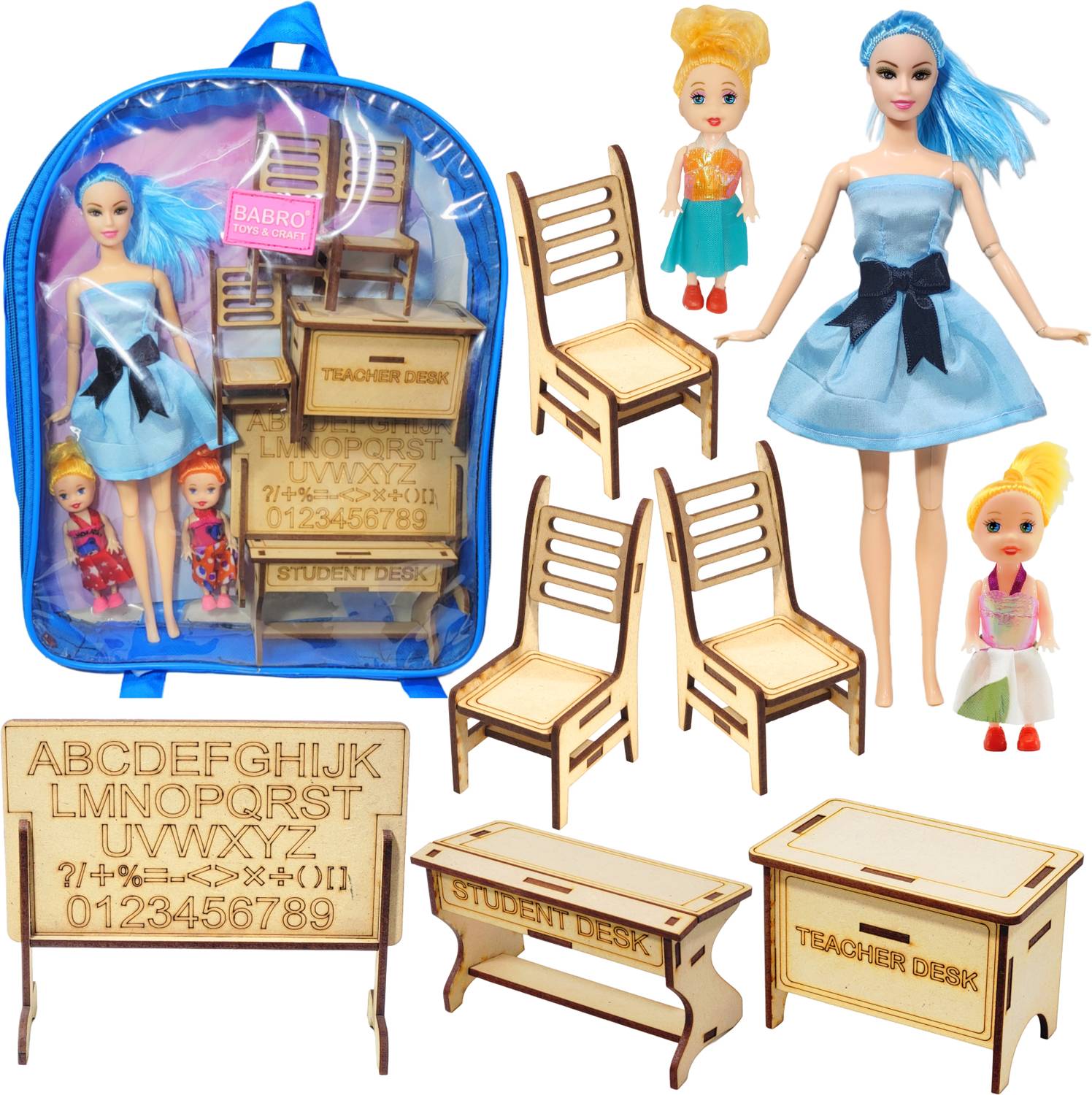 BABRO Teacher Doll School Playset with Wooden Classroom Furniture & Blue Backpack