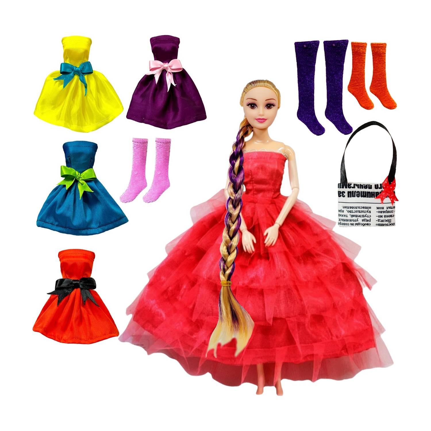 BABRO Long Hair Doll with Red Frock, 4 Doll Dresses, 3 Pair Doll Socks & 1 Bag
