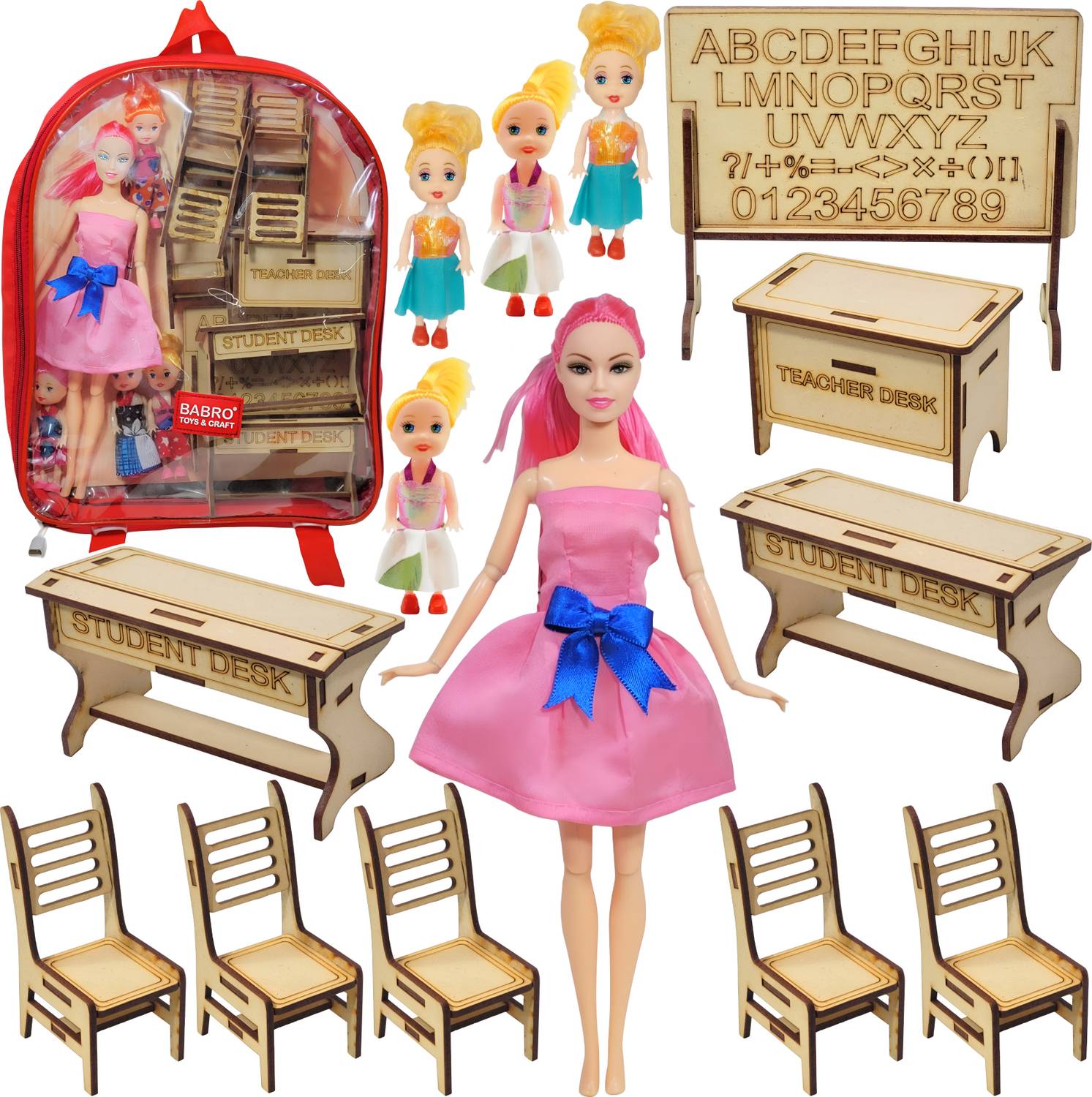 BABRO Teacher Doll School Playset with Red Backpack & Wooden Classroom Furniture