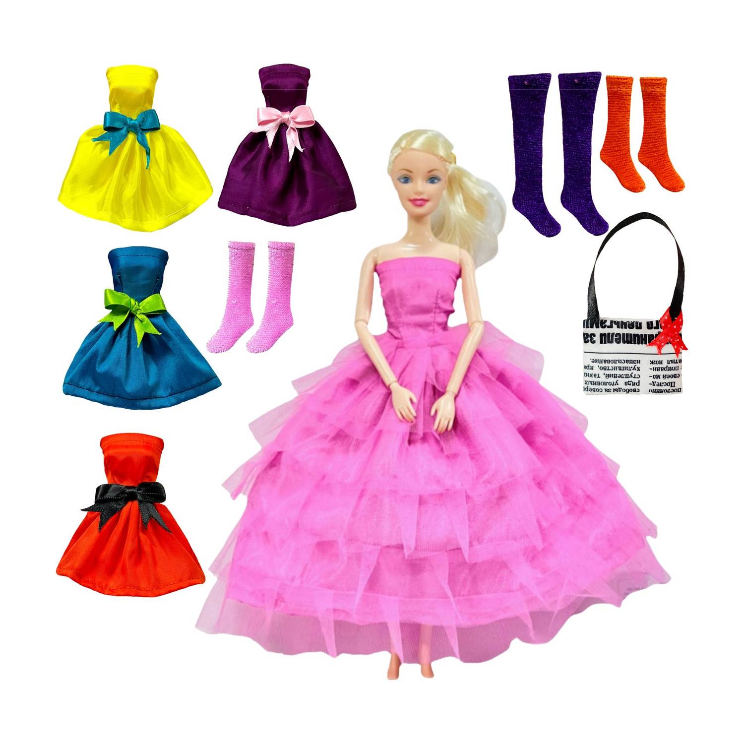 BABRO Full Foldable Doll with Pink Frock, 4 Doll Dresses, 3 Pair Doll Socks and 1 Bag