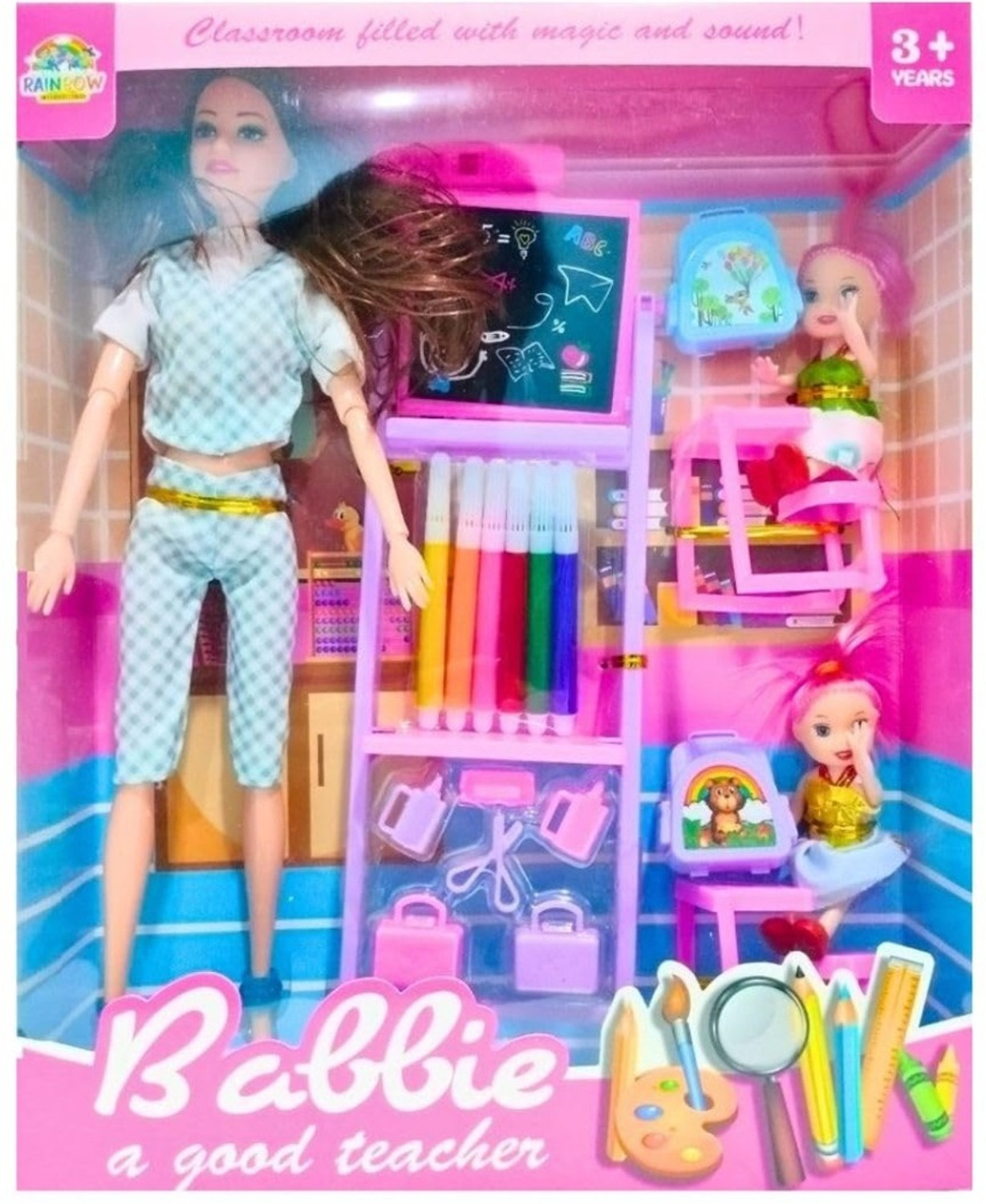 Image of Super Toy Folding Hands Teacher Doll Play Set with 2 Baby Dolls Toy for Kids Girls