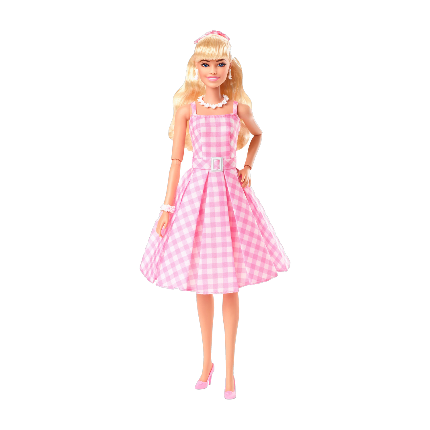 Image of BARBIE The Movie Doll Wearing Pink and White Gingham Dress with Daisy Chain Necklace (Multicolor)