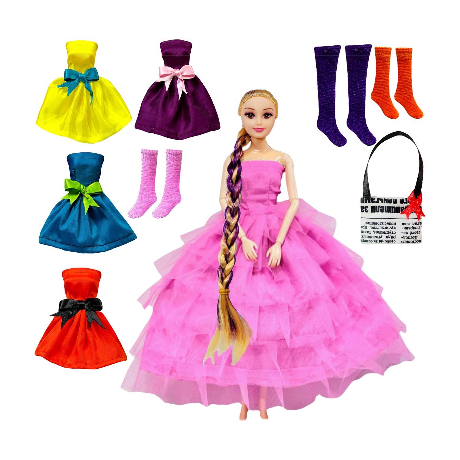 BABRO Long Hair Doll with Pink Frock, 4 Doll Dresses, 3 Pair Doll Socks & 1 Bag