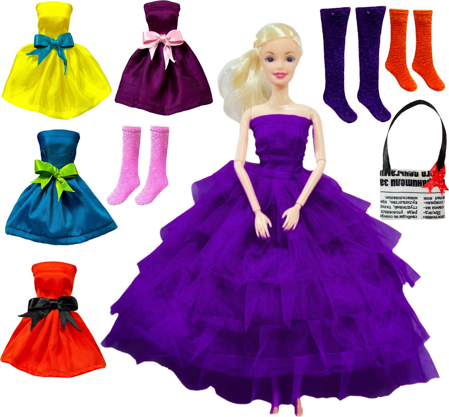 BABRO Foldable Doll Set with Purple Frock, 4 Doll Dresses, 3 Pair Doll Socks and 1 Bag