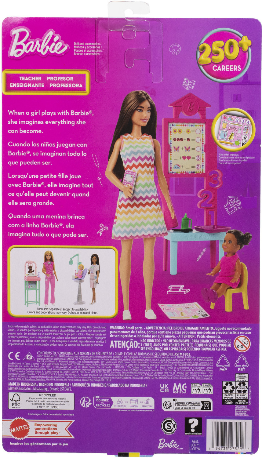 Image of BARBIE Teacher Doll with Brunette Fashion Doll, 1 Toddler Doll, & Teaching Accessories