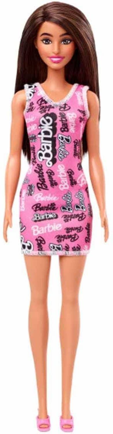 BARBIE Fashion Doll with Brown Hair, Pink Dress & Logo Shoes (HRH09)