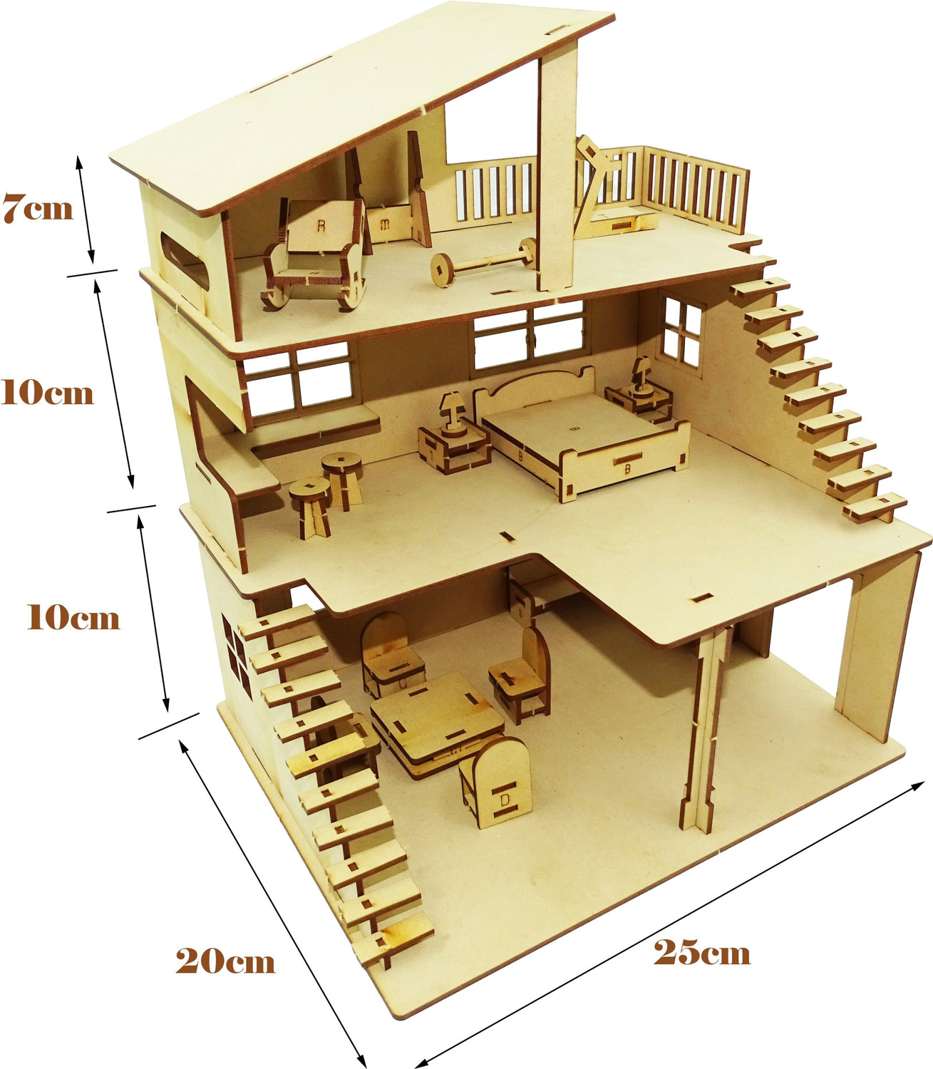 Image of poksi DIY Wooden Dollhouse Kit MDF Model House for Kids with Furniture Set