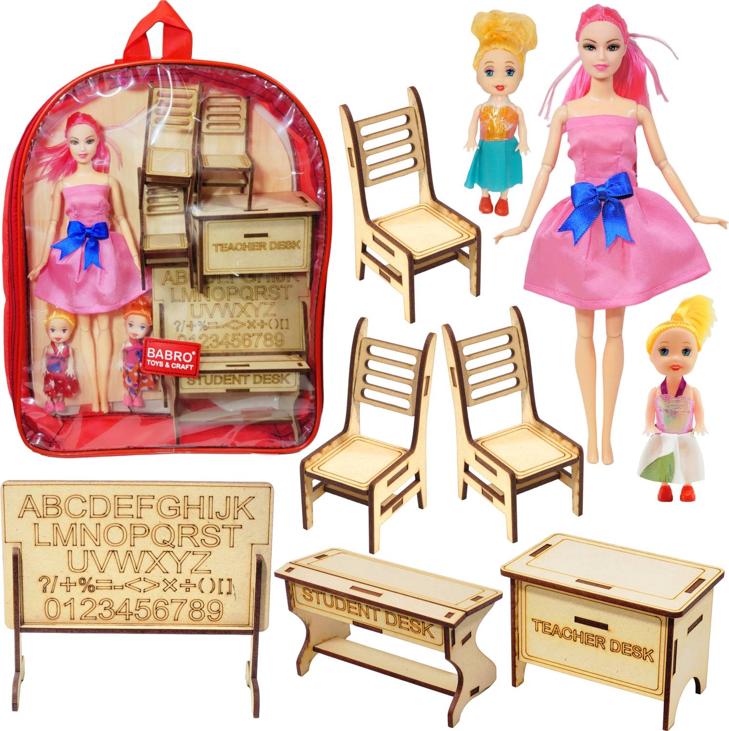 BABRO Teacher Doll School Playset with Wooden Classroom Furniture & Red Backpack