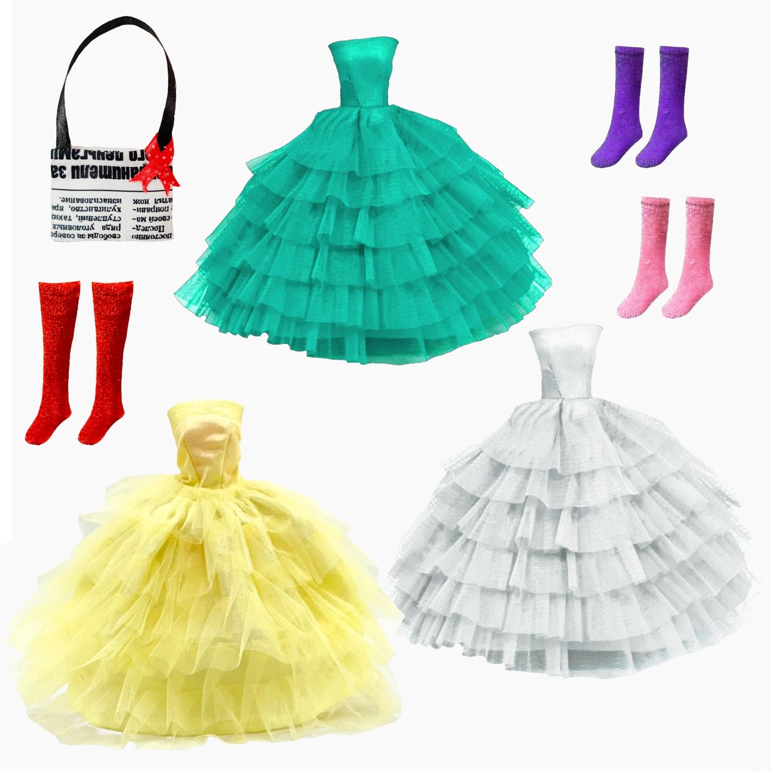 BABRO Handmade Doll Dresses Set, 3 Frocks with 3 Pairs of Socks & 1 Mini Bag