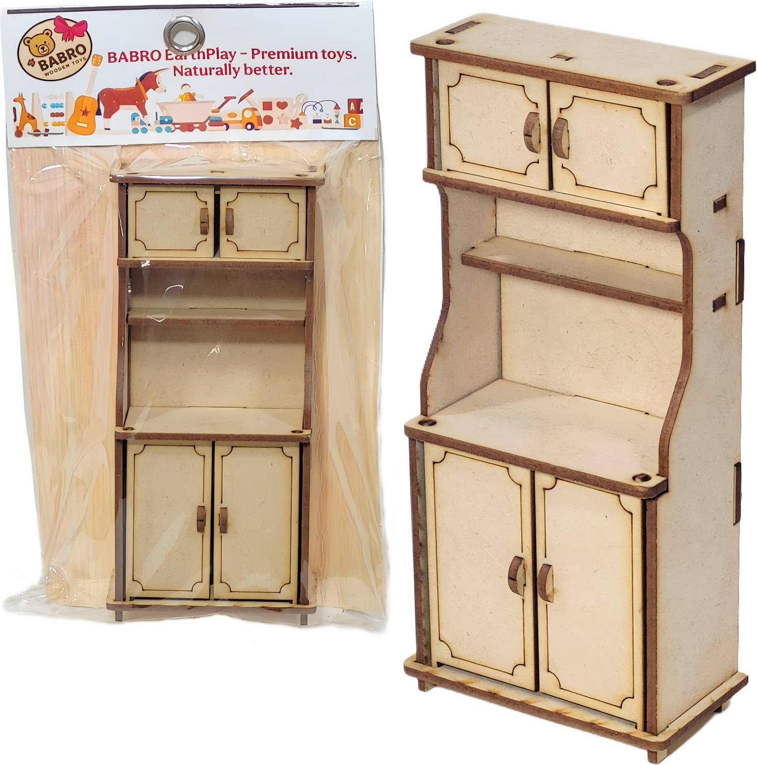BABRO Wooden Toy Almirah with 4 Openable Doors & 2 Shelves | Miniature Wooden Toy