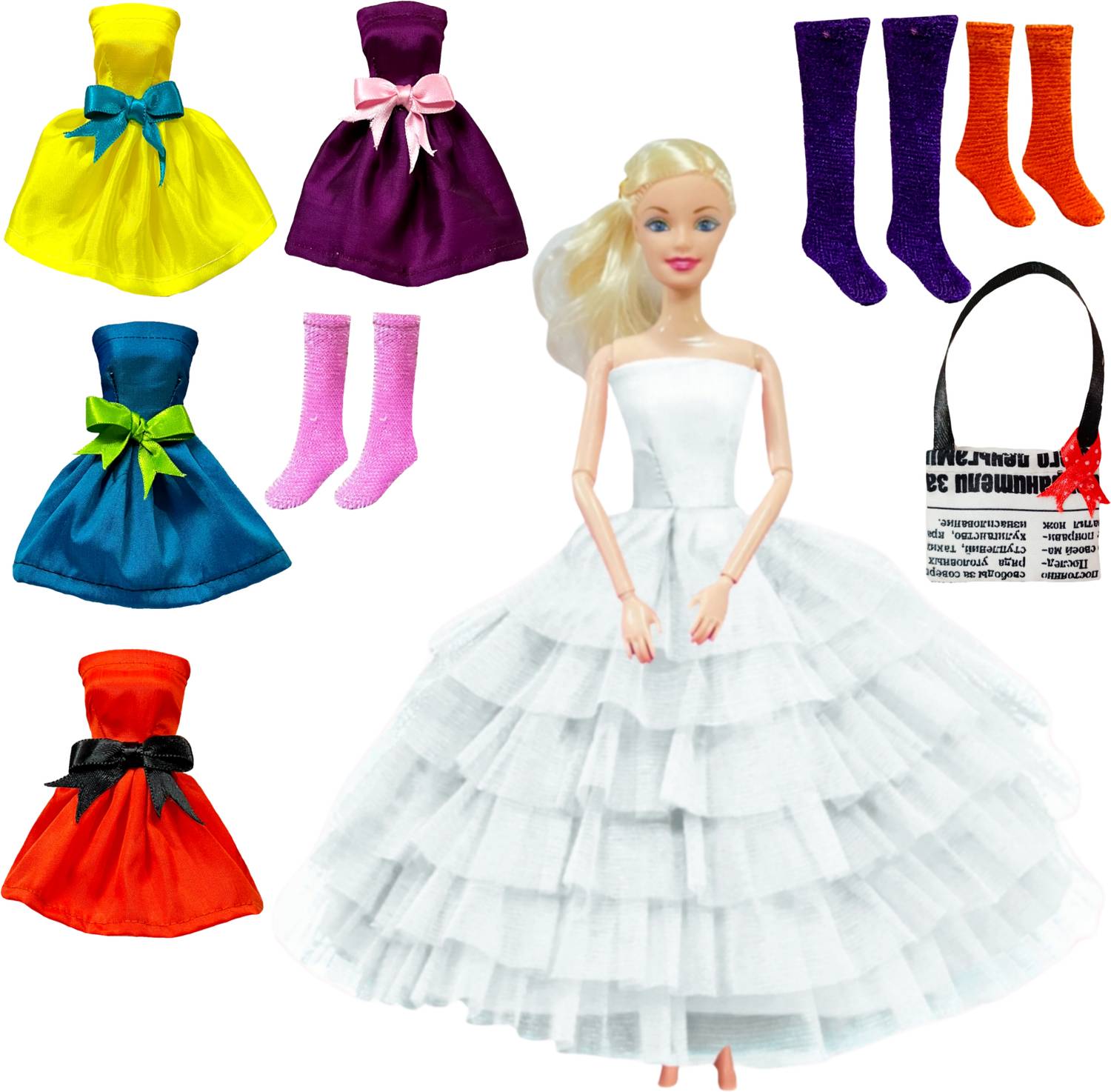 BABRO Full Foldable Doll with White Frock, 4 Doll Dresses, 3 Pair Doll Socks and 1 Bag