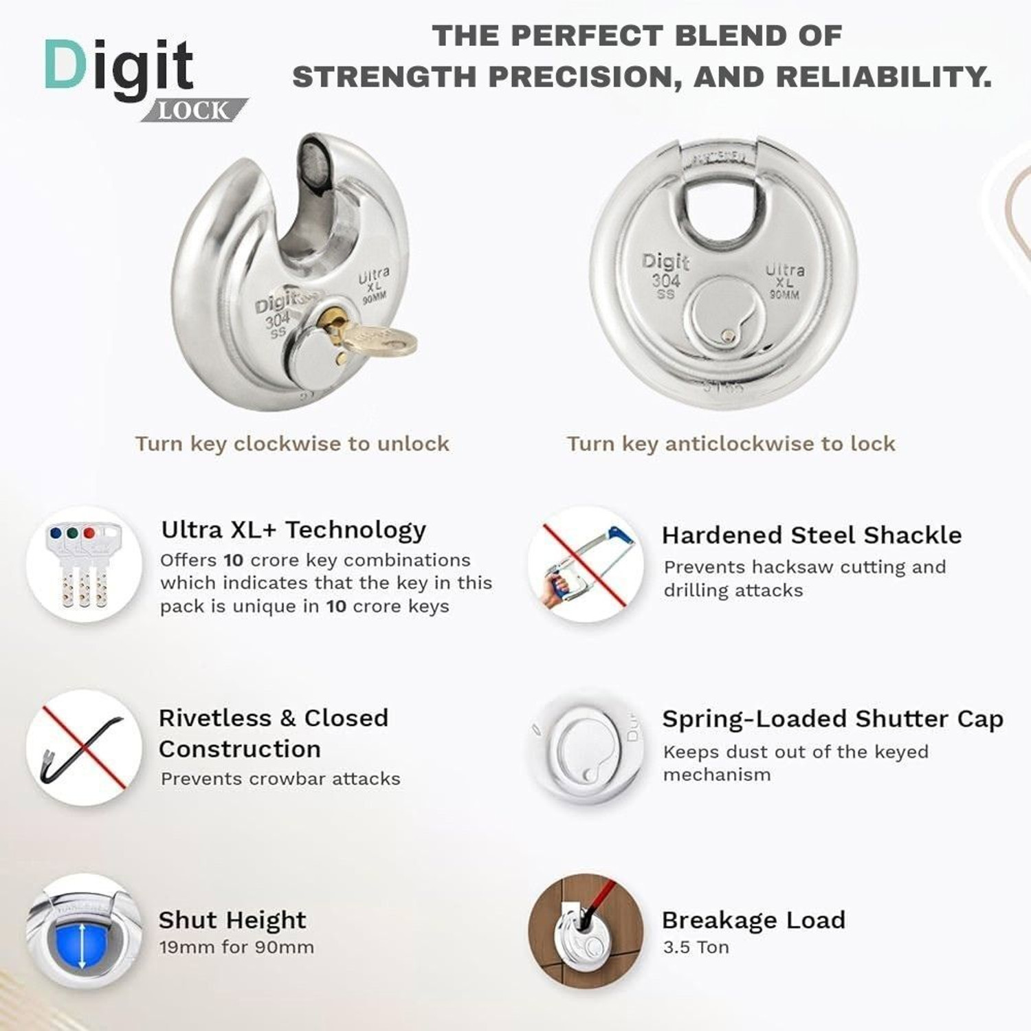 Image of DigitLocks Digit Lock Stainless Steel Ultra XL 90mm - 4 Brass Keys Lock
