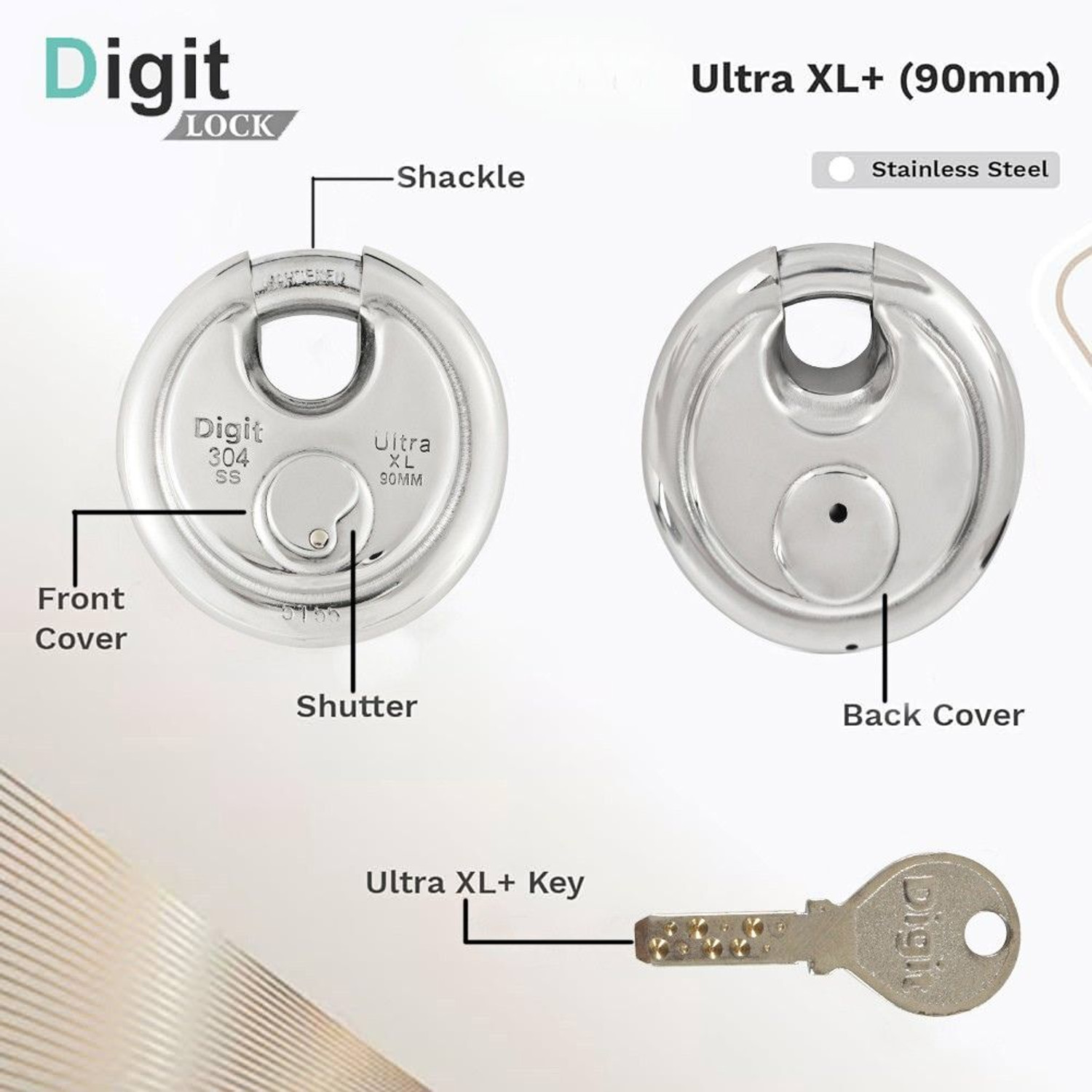 Image of DigitLocks Digit Lock Stainless Steel Ultra XL 90mm - 4 Brass Keys Lock