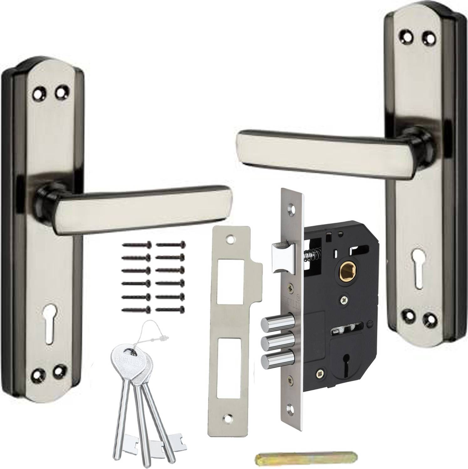 BUCKLER Black Silver 7 Inch Mortise Handle with 65MM Bullet Lock Set Iron, Brass Door Handle