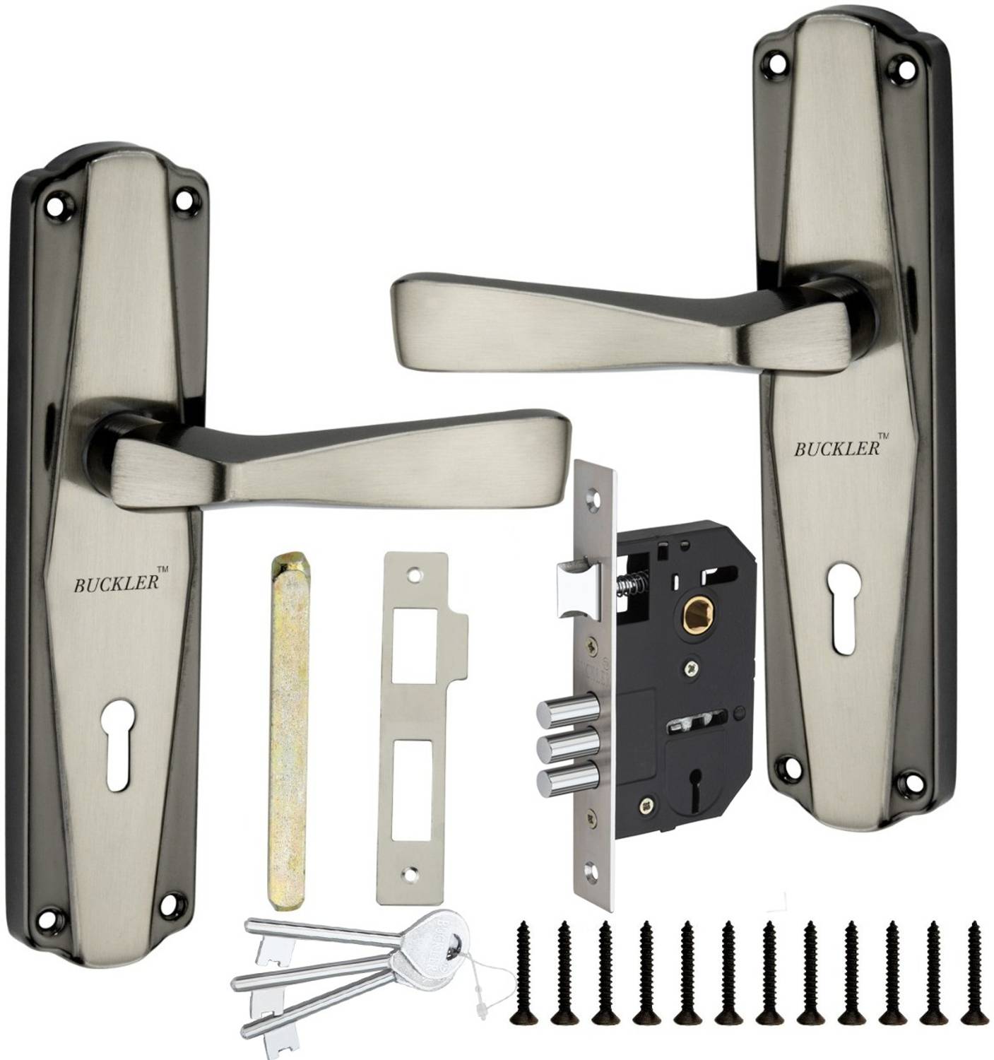 BUCKLER Iron-Brass-Steel,OD Black Silver 7" Mortise Handle Set,Double Turn 65MM Bullet Lock
