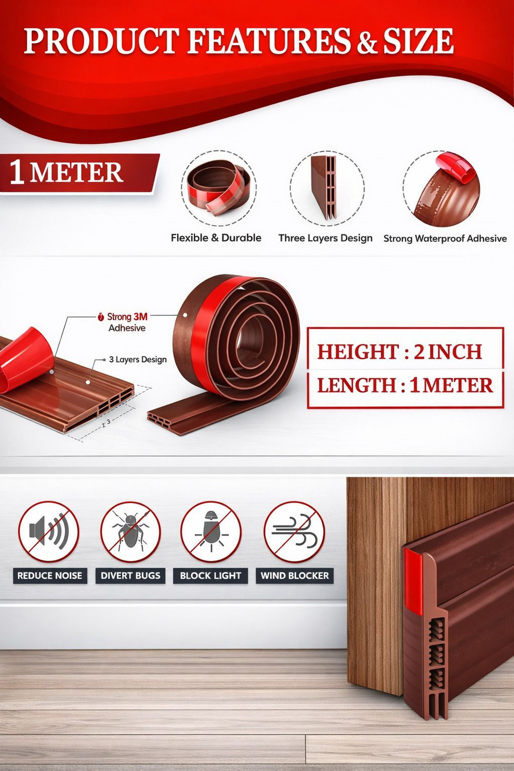 Image of AMBDDED Door Gap Sealing Strip, Dust Insulation Weather Stripping Strip Tape 1M (BROWN) ASH-DS-BROWN Door Mounted Door Stopper