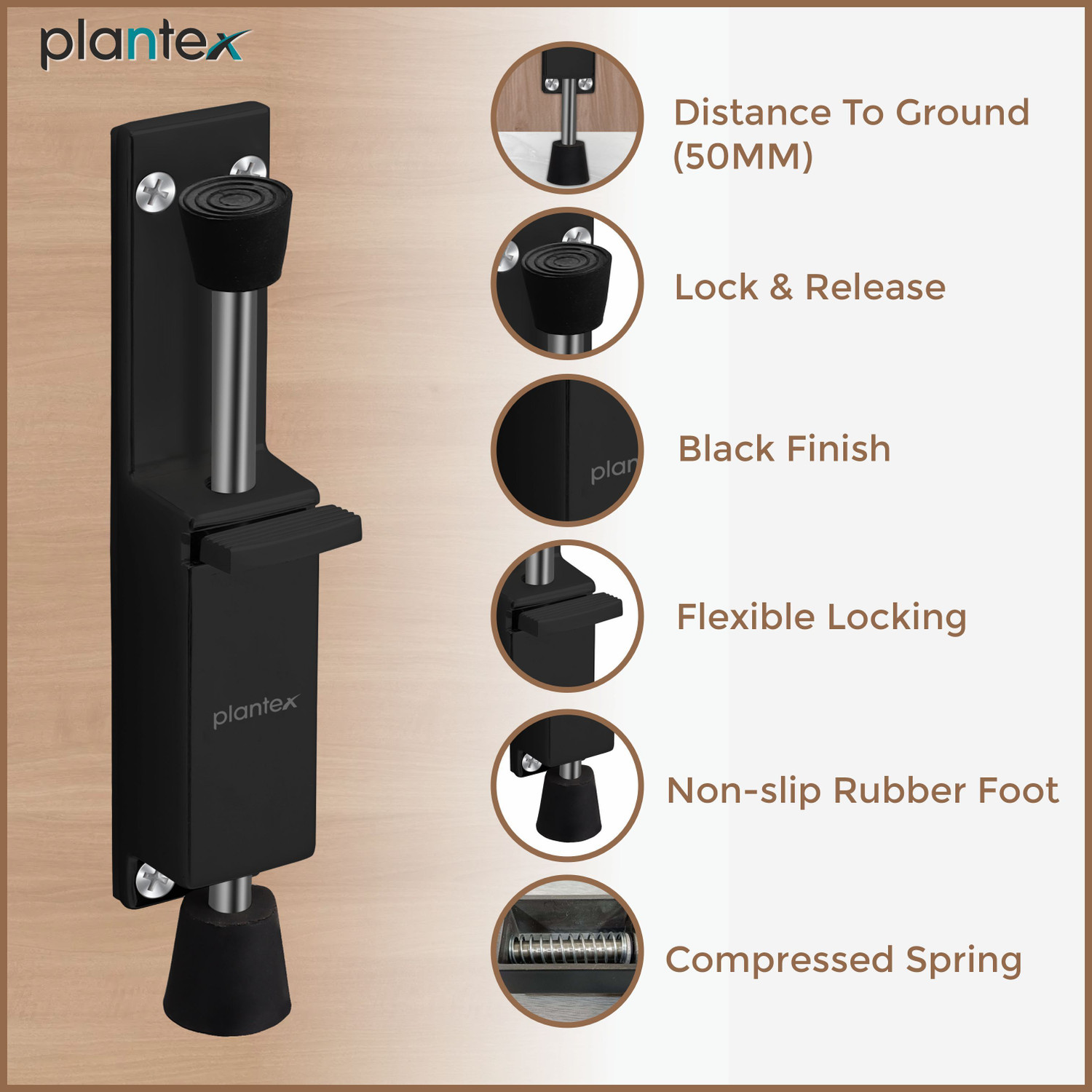 Image of Plantex Kickdown Door Stopper Spring Load Telescopic Step On /Release by Foot /Off Stopper (APS-SH-30.Black) Door Mounted Door Stopper