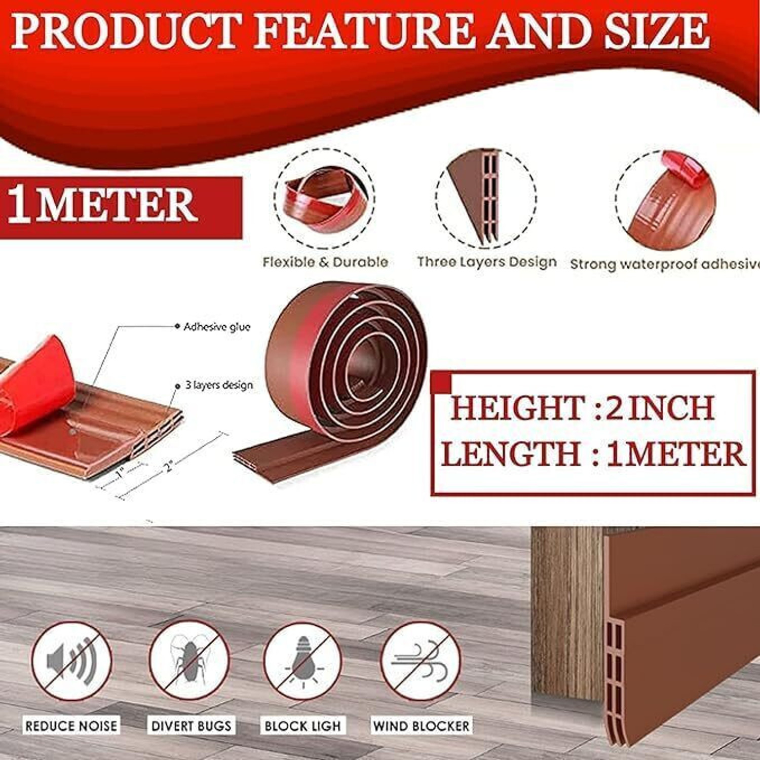 Image of BAHUNAMI Silicon Door Shield Tape Bottom Sealing Strip Weather Stripping Strip (1 METER) Door Sealing Strips for Seal Sound Proof, Insect, Window Tape for Home Floor Mounted Door Stopper