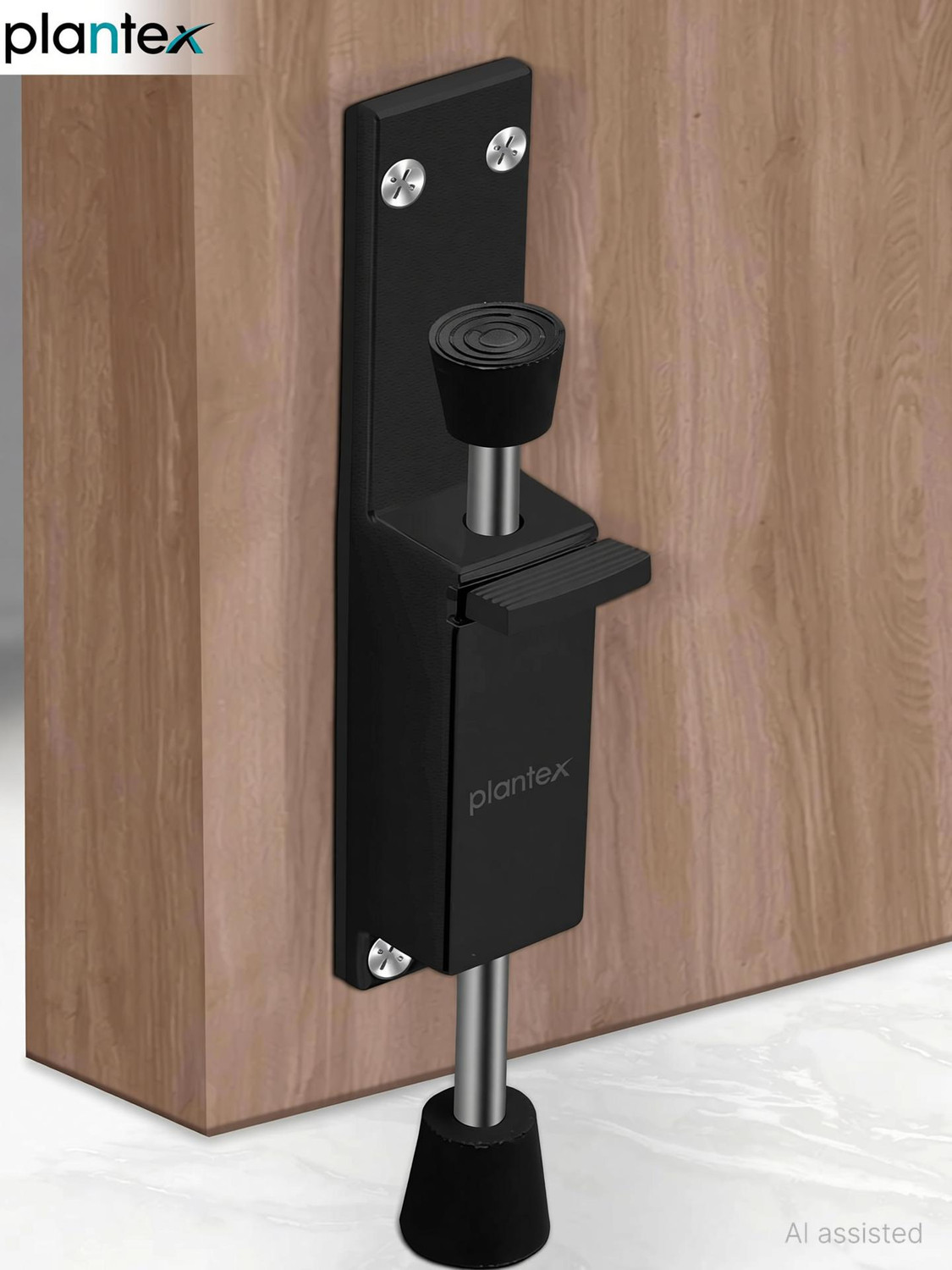 Image of Plantex Kickdown Door Stopper Spring Load Telescopic Step On /Release by Foot /Off Stopper (APS-SH-30.Black) Door Mounted Door Stopper