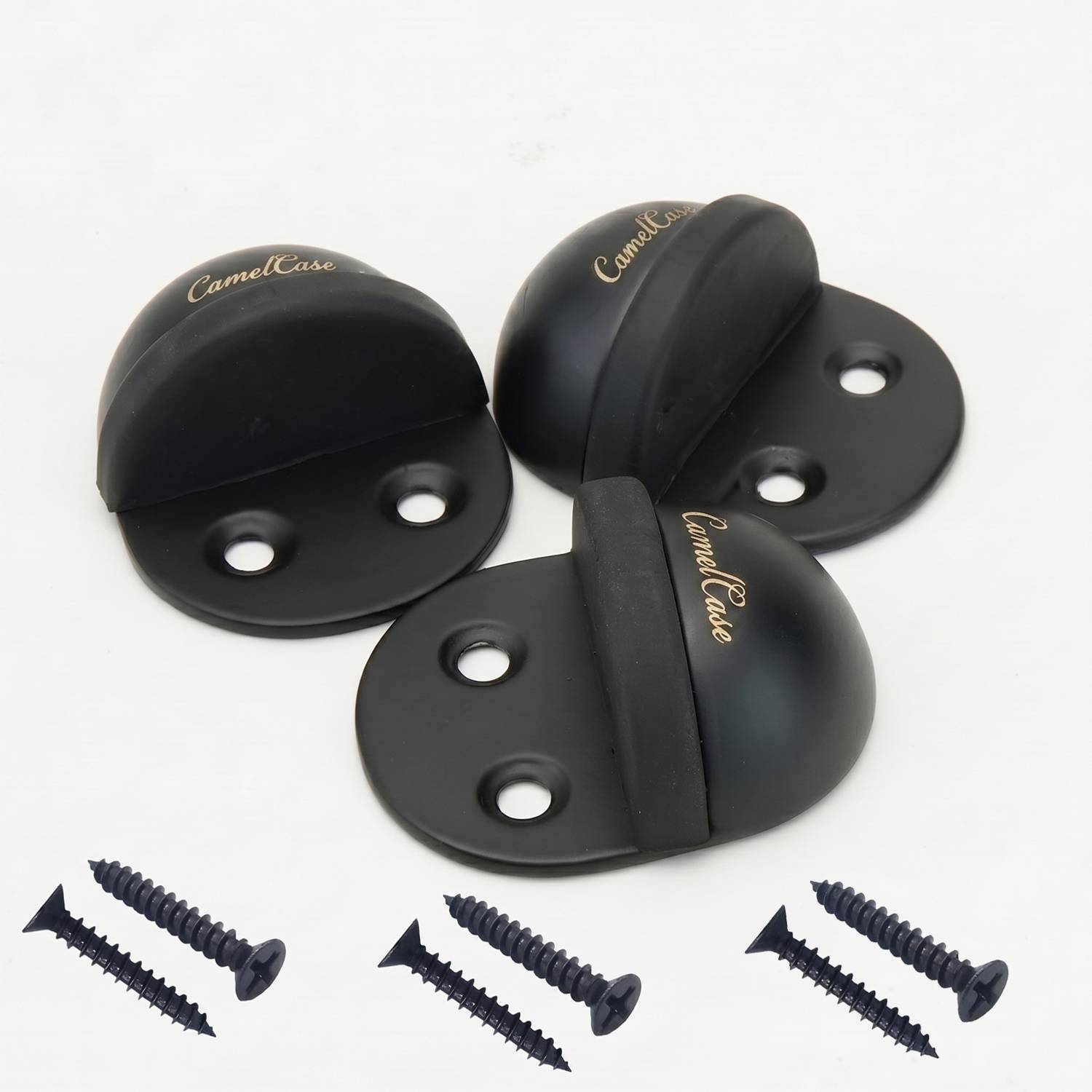 CamelCase Door Stop with Rubber Buffer and Screws for Doors (Pack of 3, Black) Stainless Steel Floor Mounted Half-Moon Door Stop with Screws Floor Mounted Door Stopper