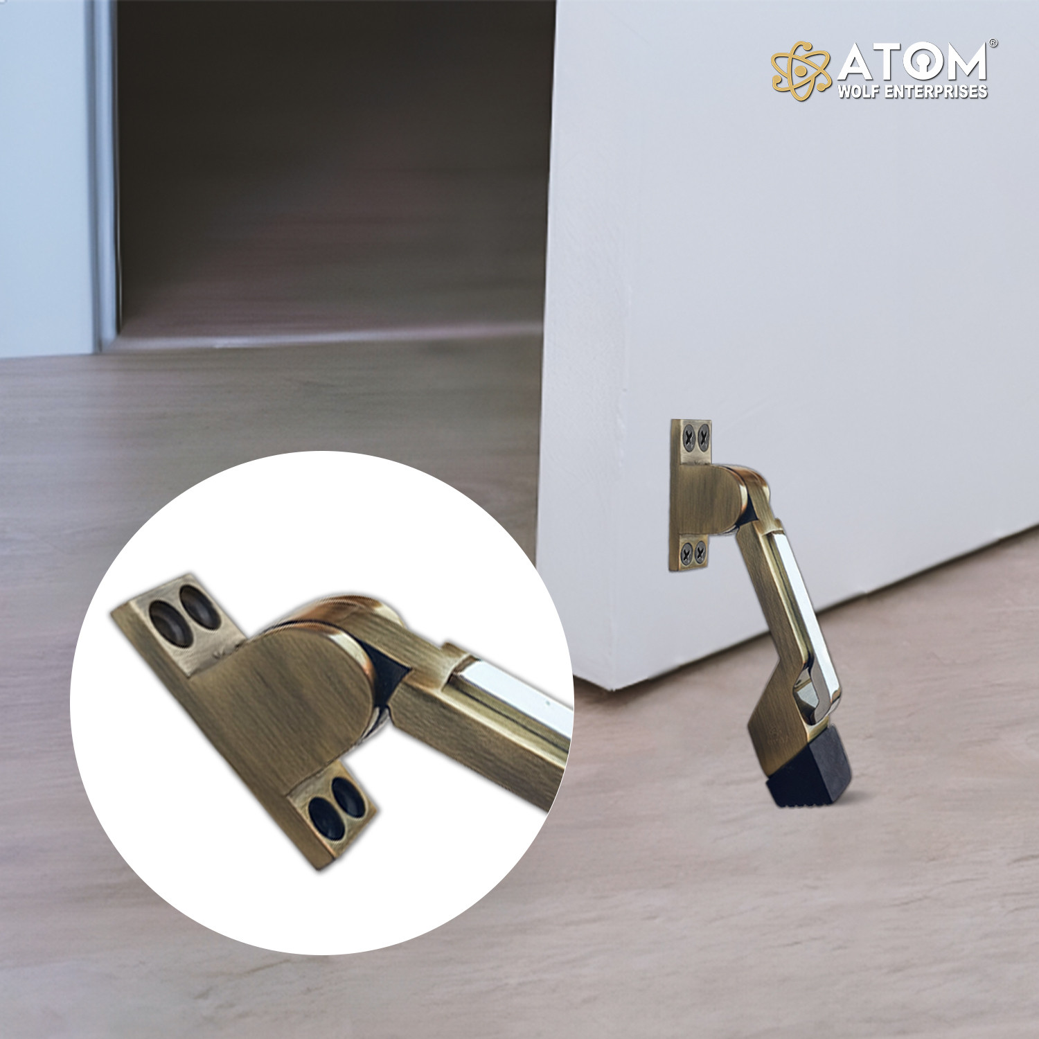 Image of ATOM 4 Pack 6 inch Zinc Door Stopper | Brass Antique Finish | Contact less Hands-free Safety Access,Home and Office Door Stop Stoppers, DS-002. 5.3 inch Zinc Door Stopper | Brass Antique Finish | Door Mounted Door Stopper