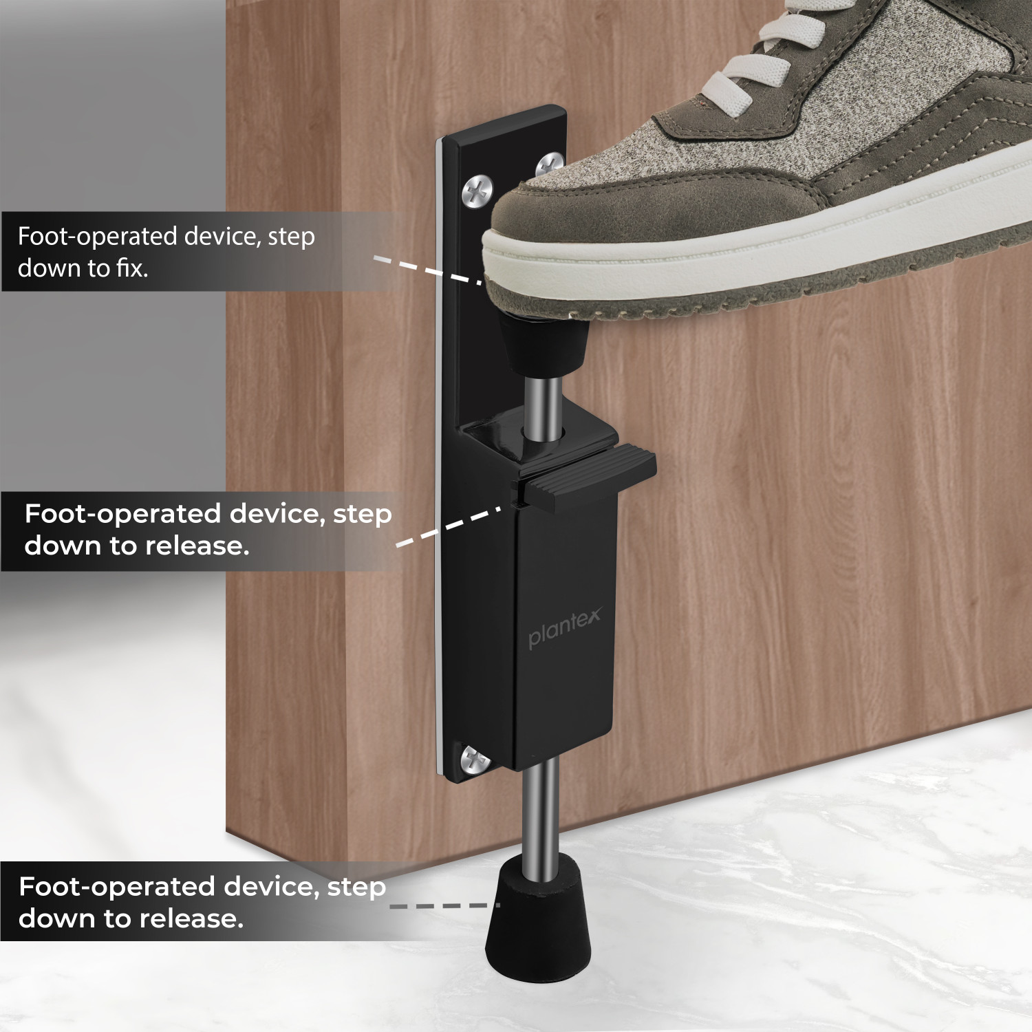 Image of Plantex Kickdown Door Stopper Spring Load Telescopic Step On /Release by Foot /Off Stopper (APS-SH-30.Black) Door Mounted Door Stopper