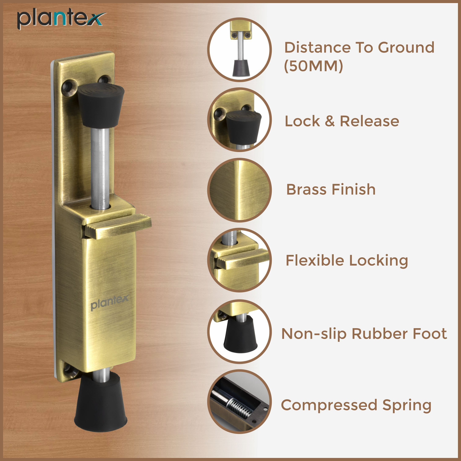 Image of Plantex Pack of 1 (APS-SH-30-Brass Antique) Wooden Door Stopper for Home /Release by Foot Door Mounted Door Stopper