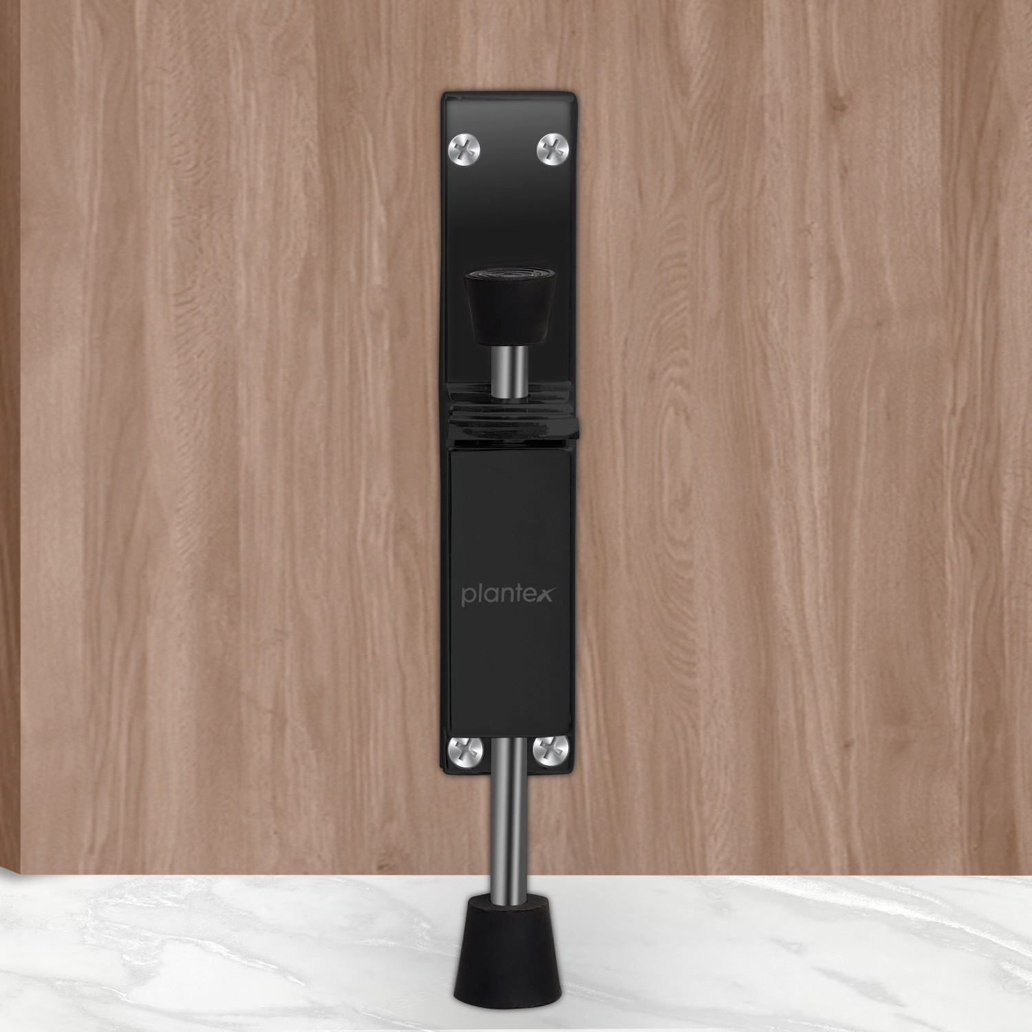 Image of Plantex Kickdown Door Stopper Spring Load Telescopic Step On /Release by Foot /Off Stopper (APS-SH-30.Black) Door Mounted Door Stopper