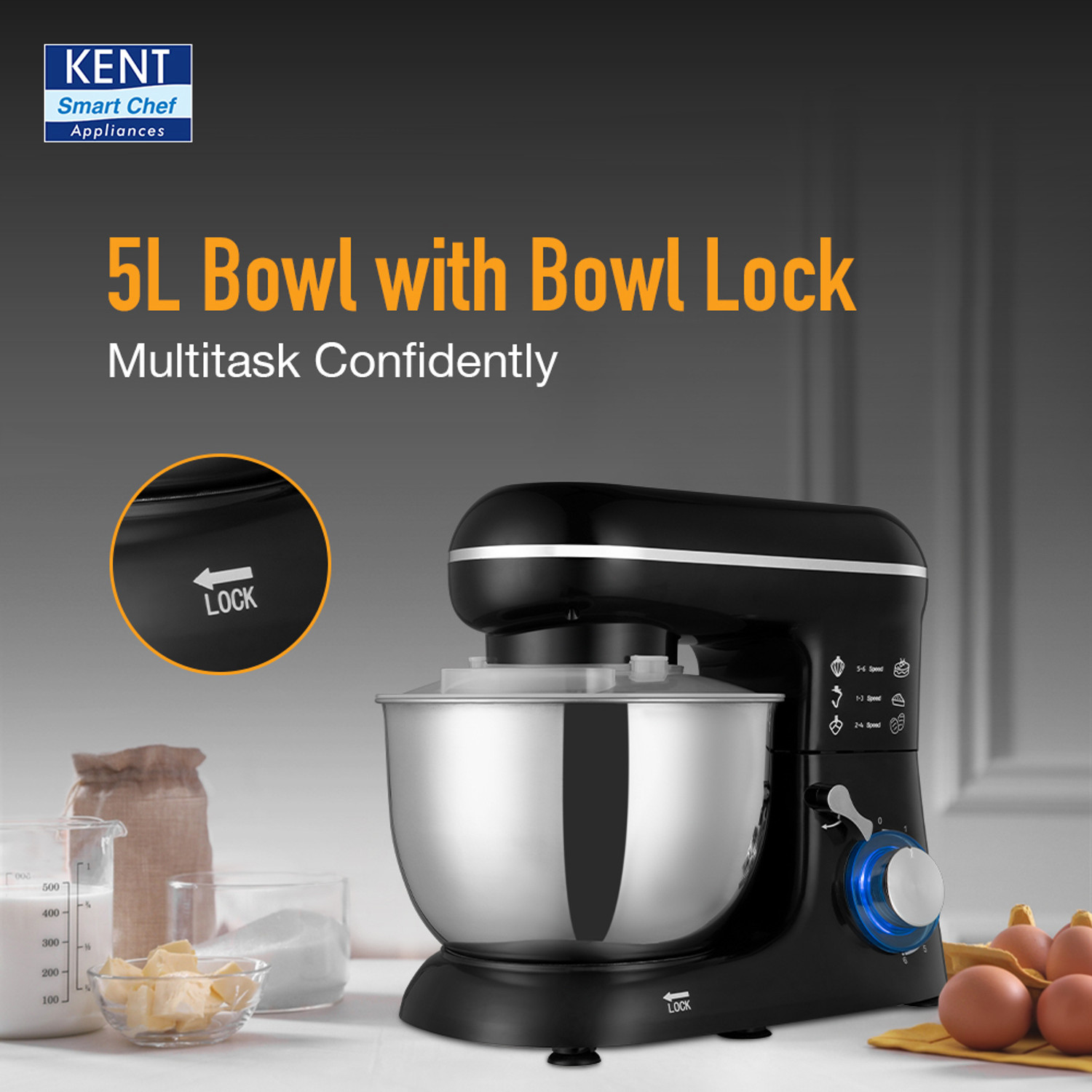Image of KENT Stand Mixer 1300W ideal To Whisk Mix&Knead 5L Bowl 6 SpeedSetting&PulseFunction Stainless Steel Continuous Dough Maker