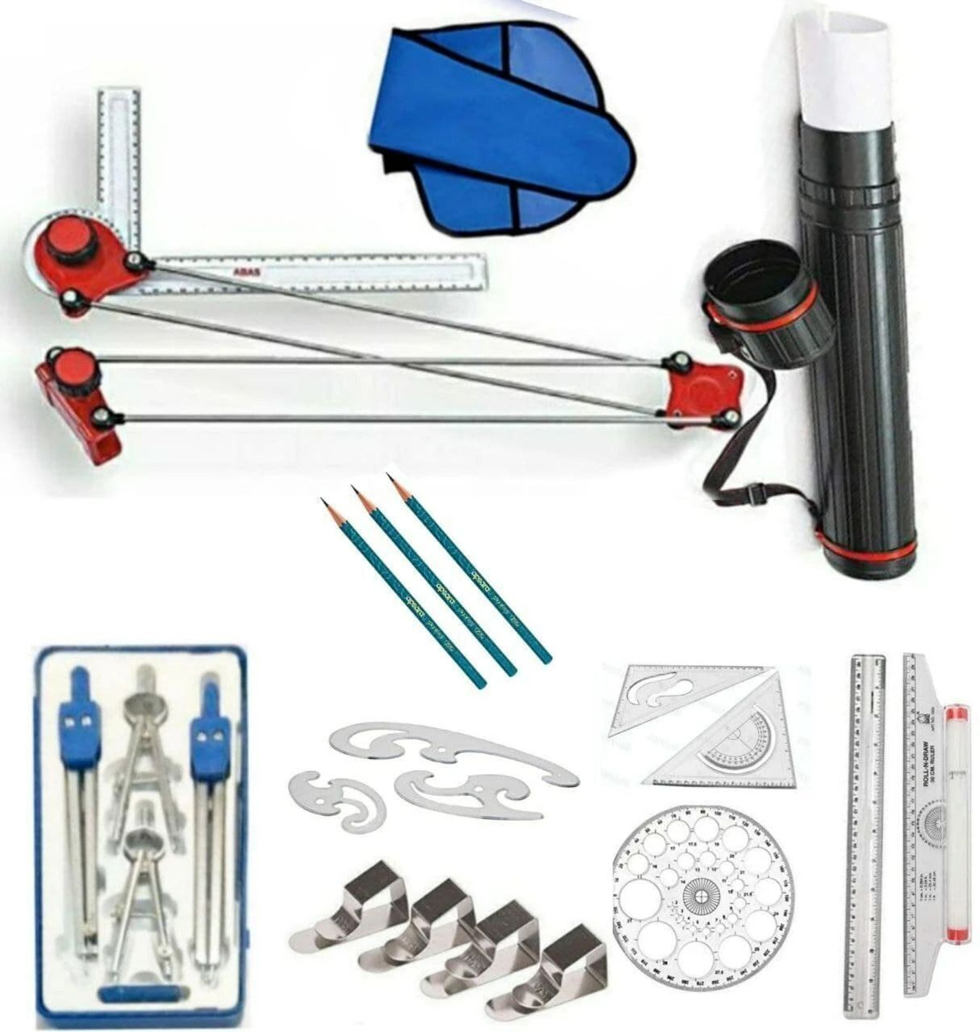 Image of Moin Mini drafter, holder, set square, Procircle, French curves, composs, clips Drafting Kit
