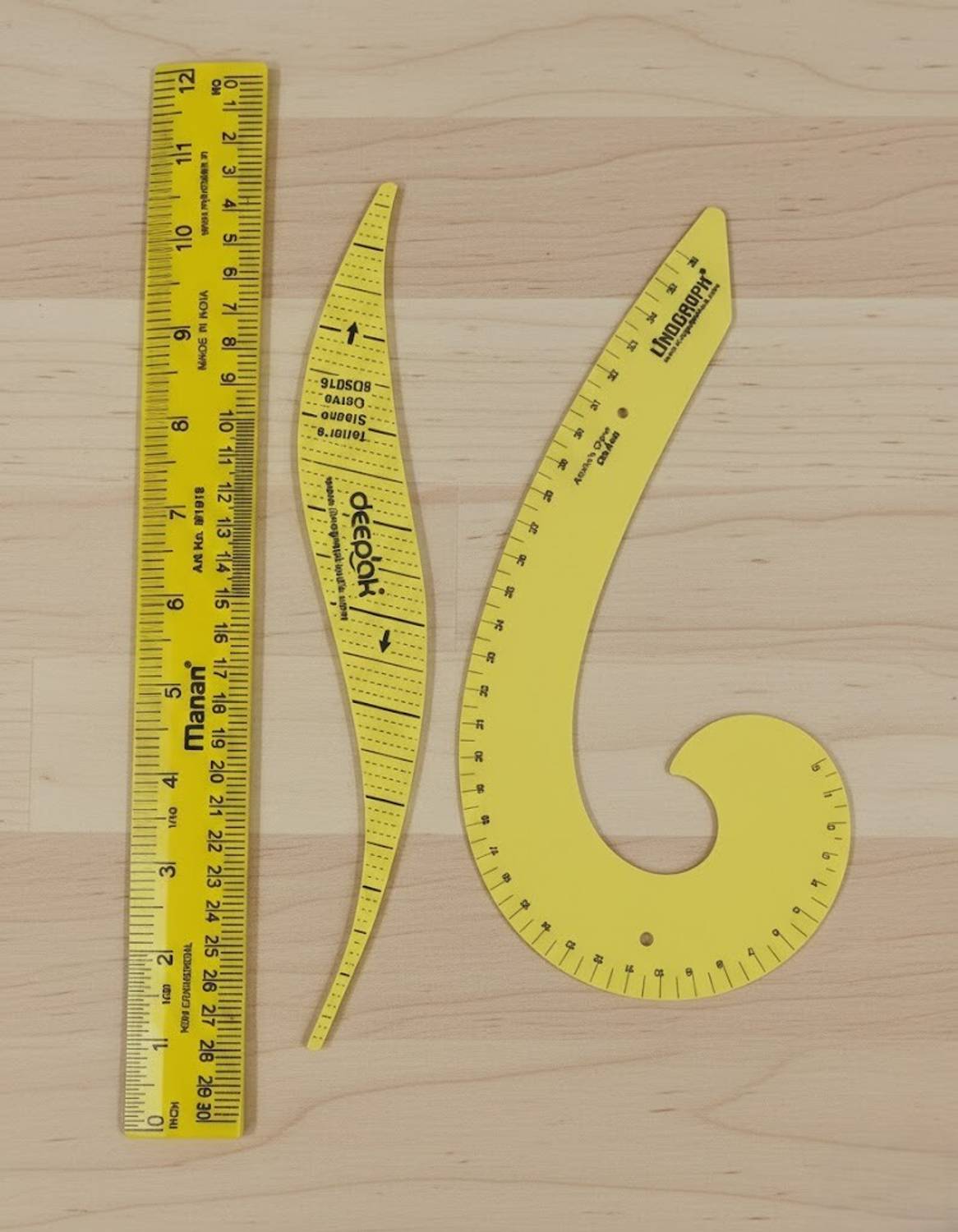 BharatSS ArmHole Curve, Yellow French Curve, yellow Straight Ruler 30cm Combo (3pc) Drafting Kit