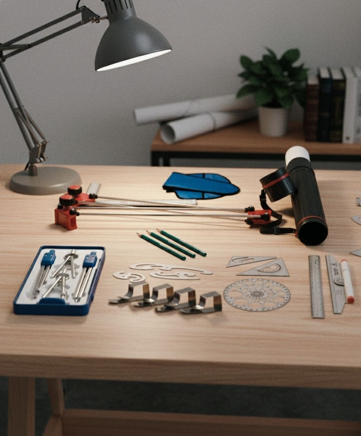 Image of Moin Mini drafter, holder, set square, Procircle, French curves, composs, clips Drafting Kit