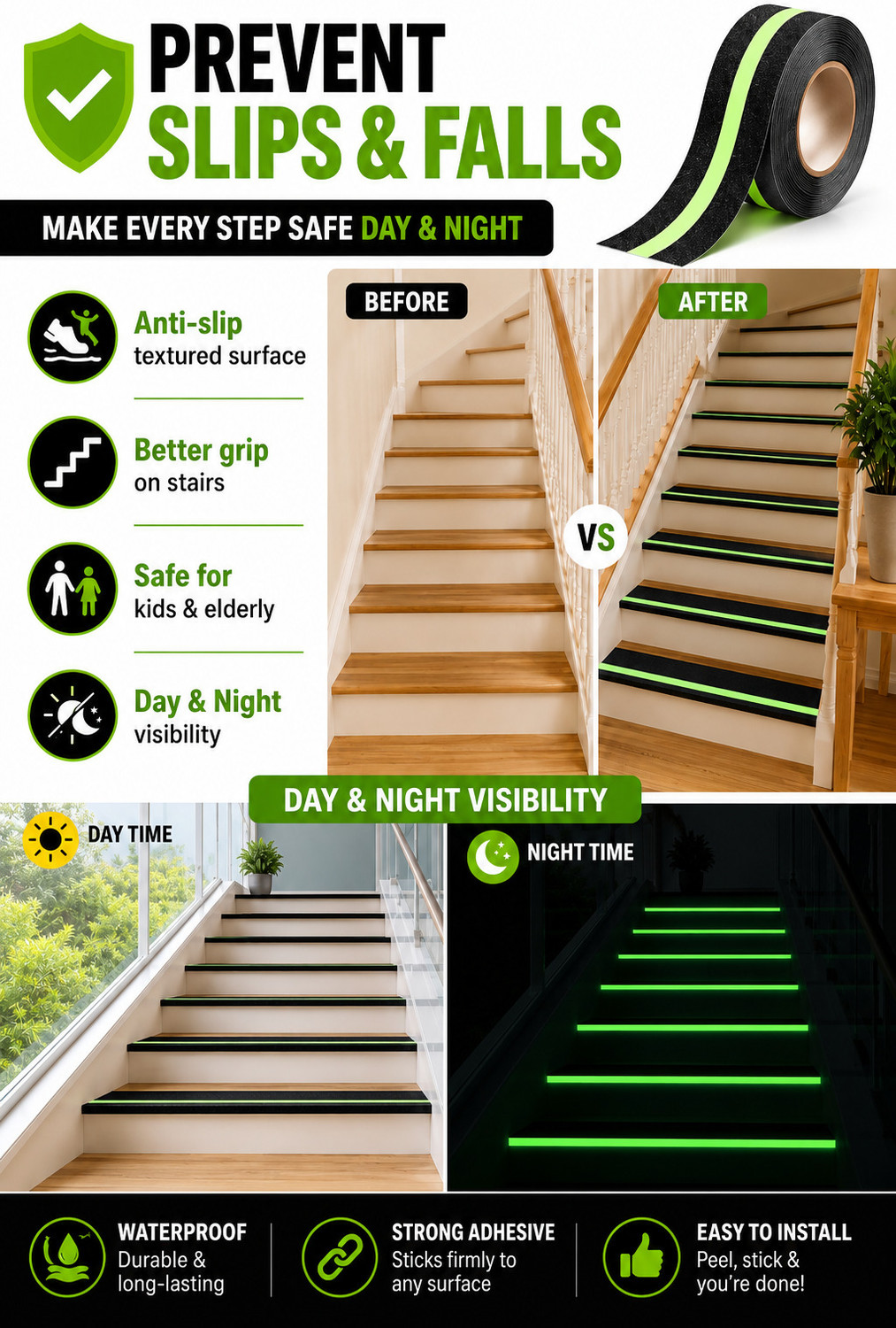 Image of CURNEX Anti Skid Glow in Dark Stair Safety Tape Waterproof Grip Tape Drafting Tape