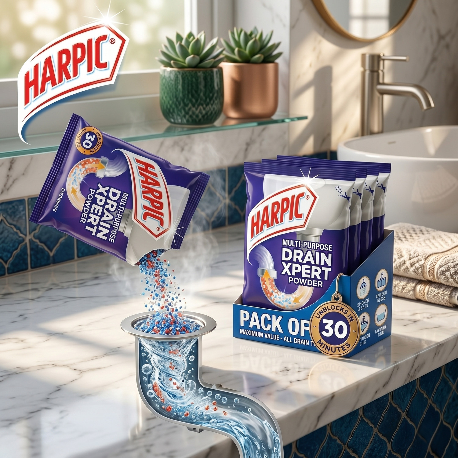 Image of Harpic Advanced Home Drain Unblocker Powder Pack of 4 Powder Drain Opener
